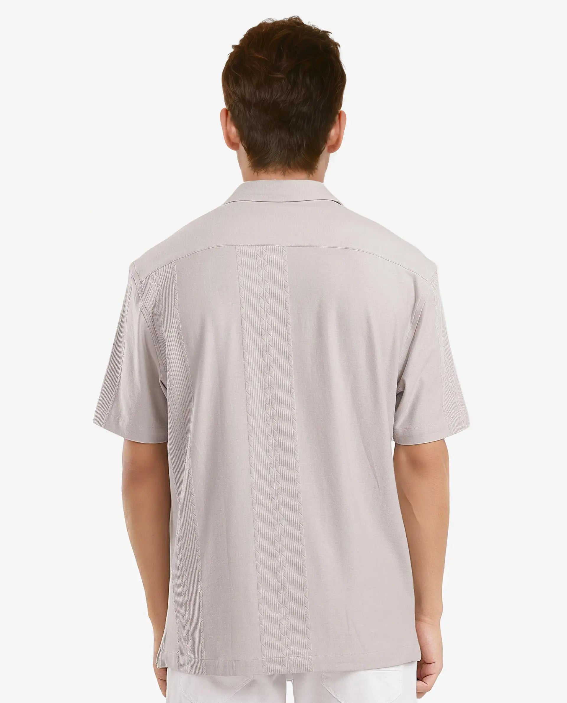 Rare Rabbit Men's Zino Light Beige Short Sleeve Cuban Collared Button Closure Boxy Fit Seersucker Shirt