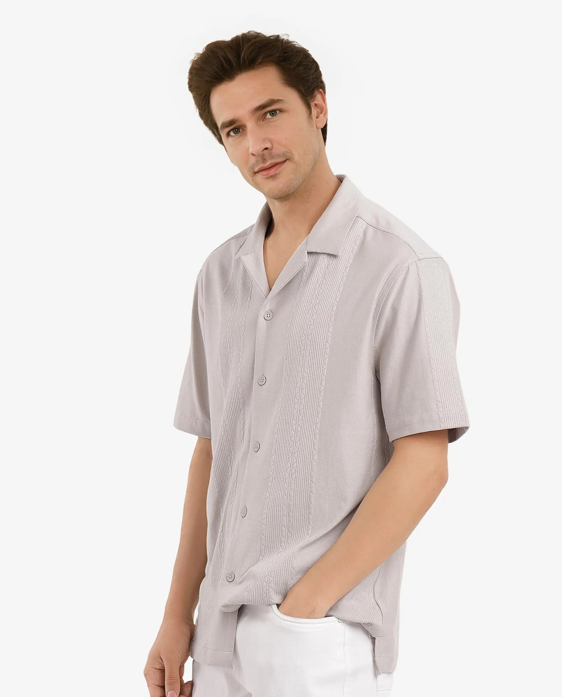 Rare Rabbit Men's Zino Light Beige Short Sleeve Cuban Collared Button Closure Boxy Fit Seersucker Shirt