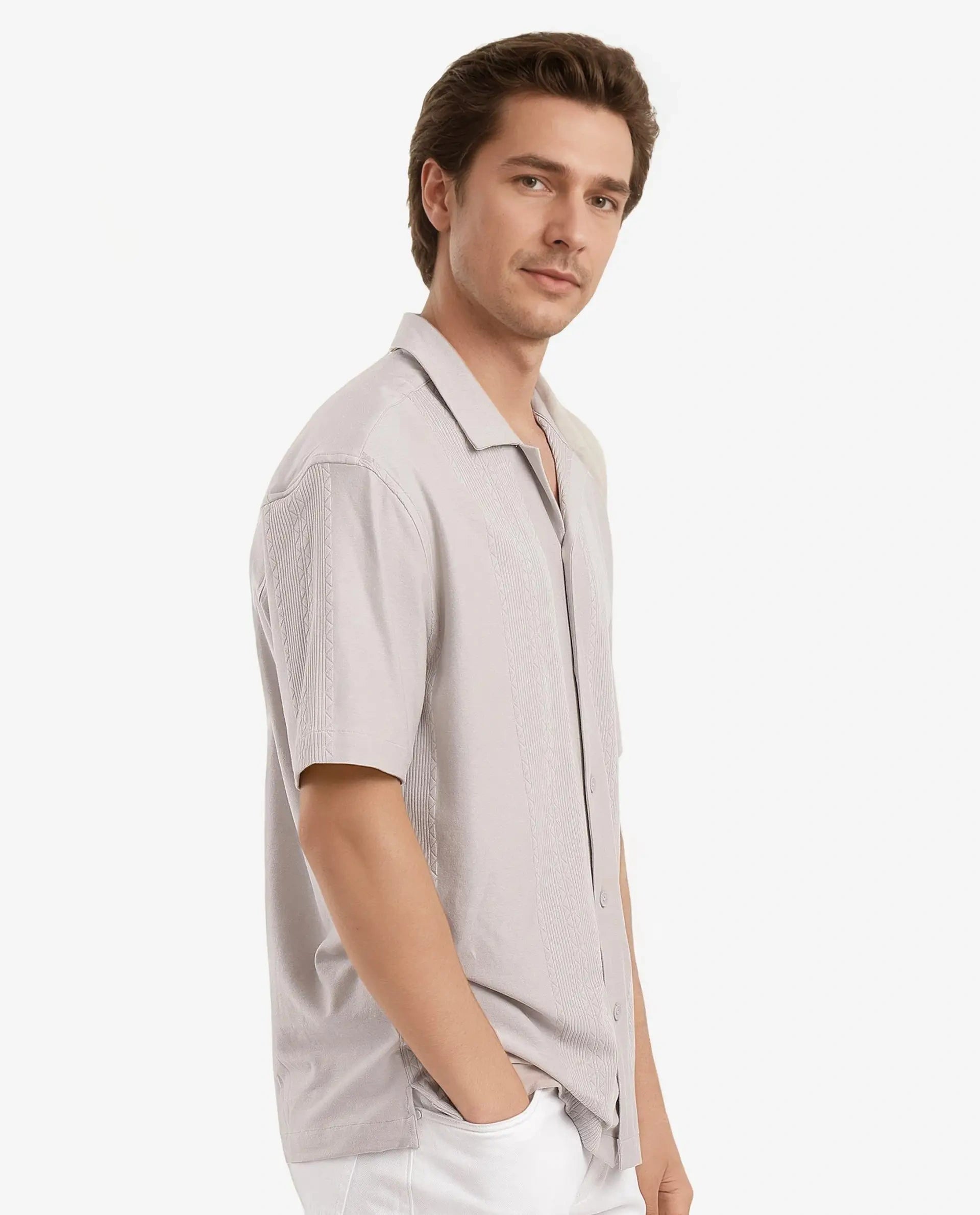 Rare Rabbit Men's Zino Light Beige Short Sleeve Cuban Collared Button Closure Boxy Fit Seersucker Shirt
