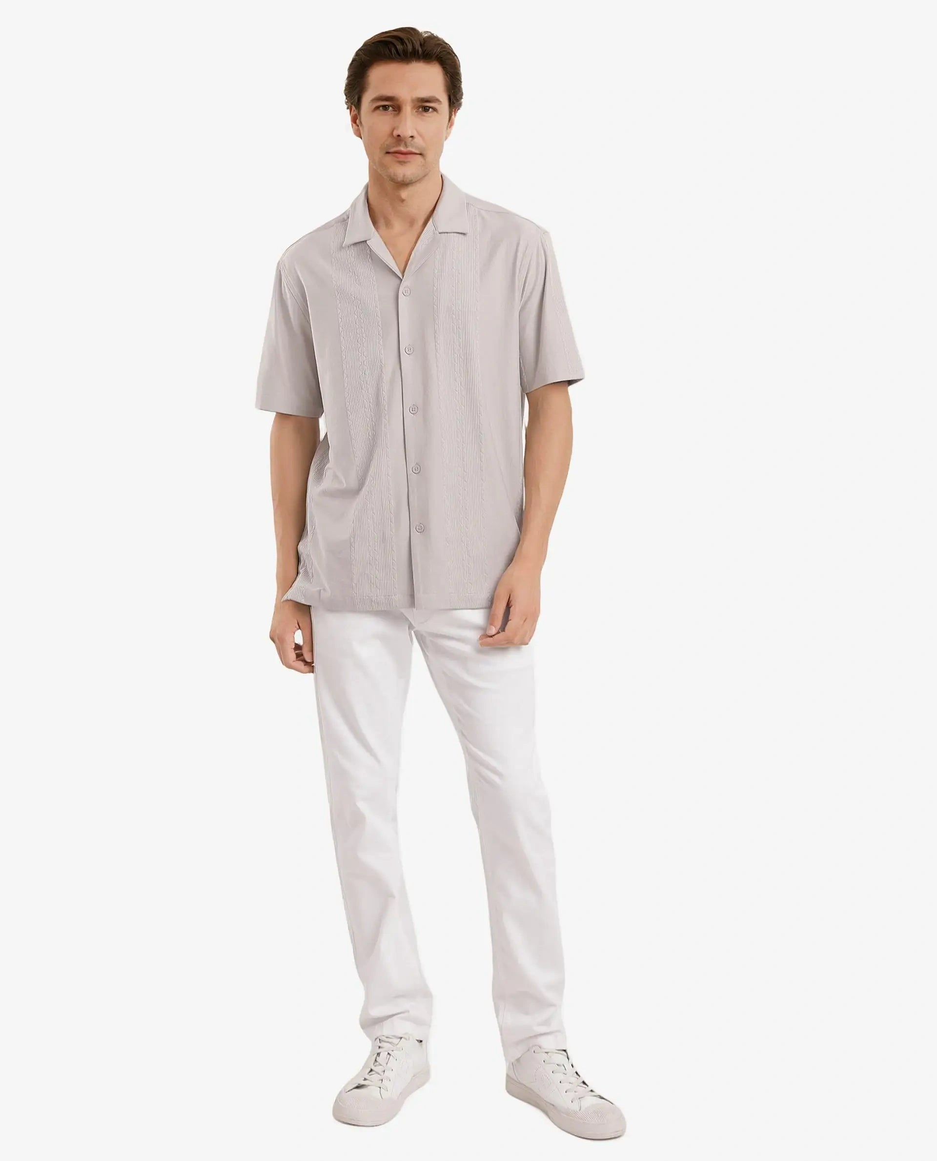 Rare Rabbit Men's Zino Light Beige Short Sleeve Cuban Collared Button Closure Boxy Fit Seersucker Shirt