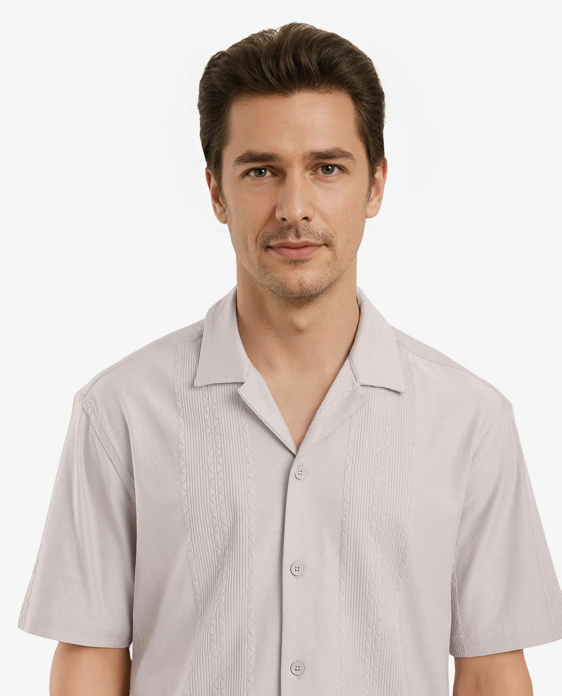 Rare Rabbit Men's Zino Light Beige Short Sleeve Cuban Collared Button Closure Boxy Fit Seersucker Shirt