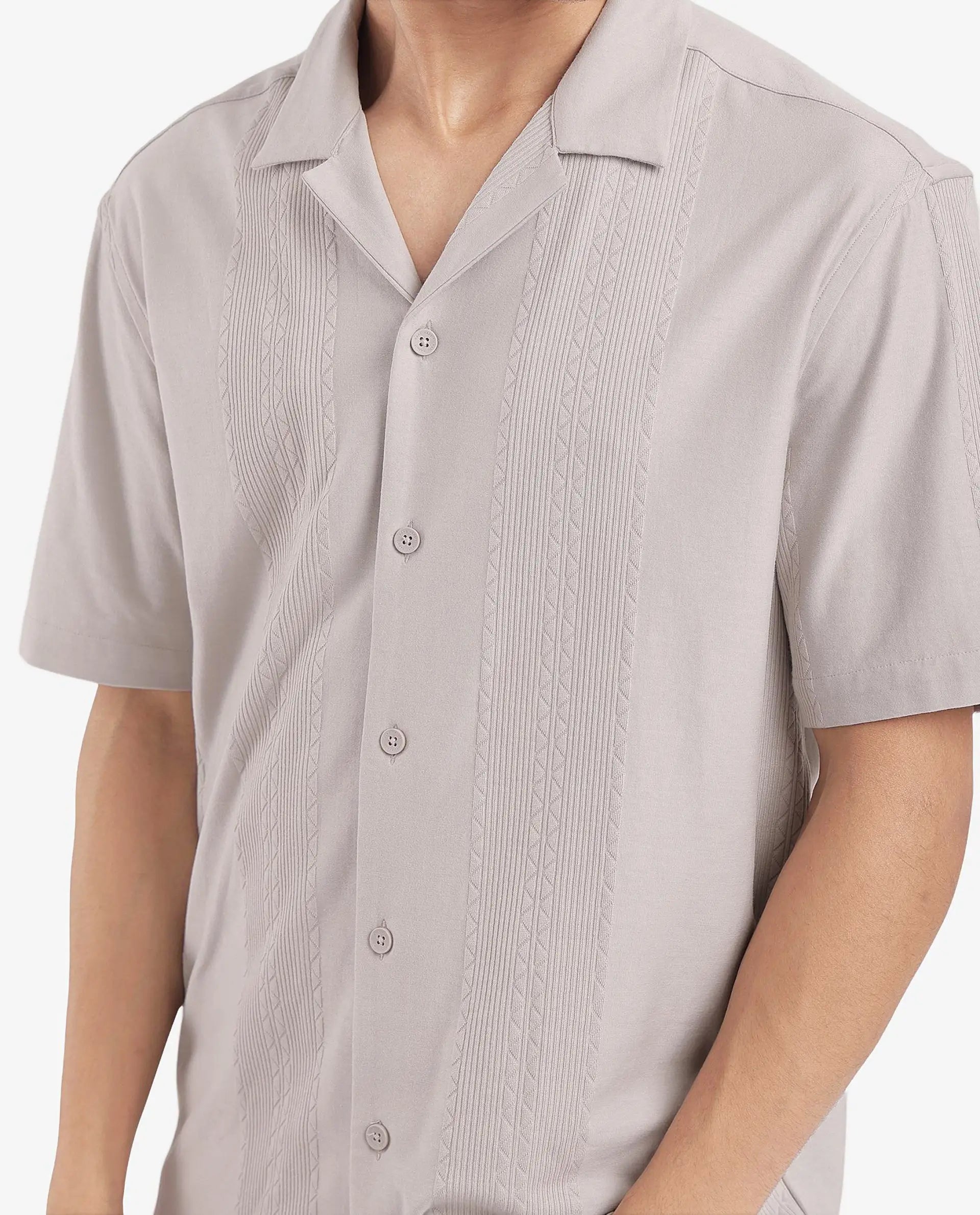 Rare Rabbit Men's Zino Light Beige Short Sleeve Cuban Collared Button Closure Boxy Fit Seersucker Shirt