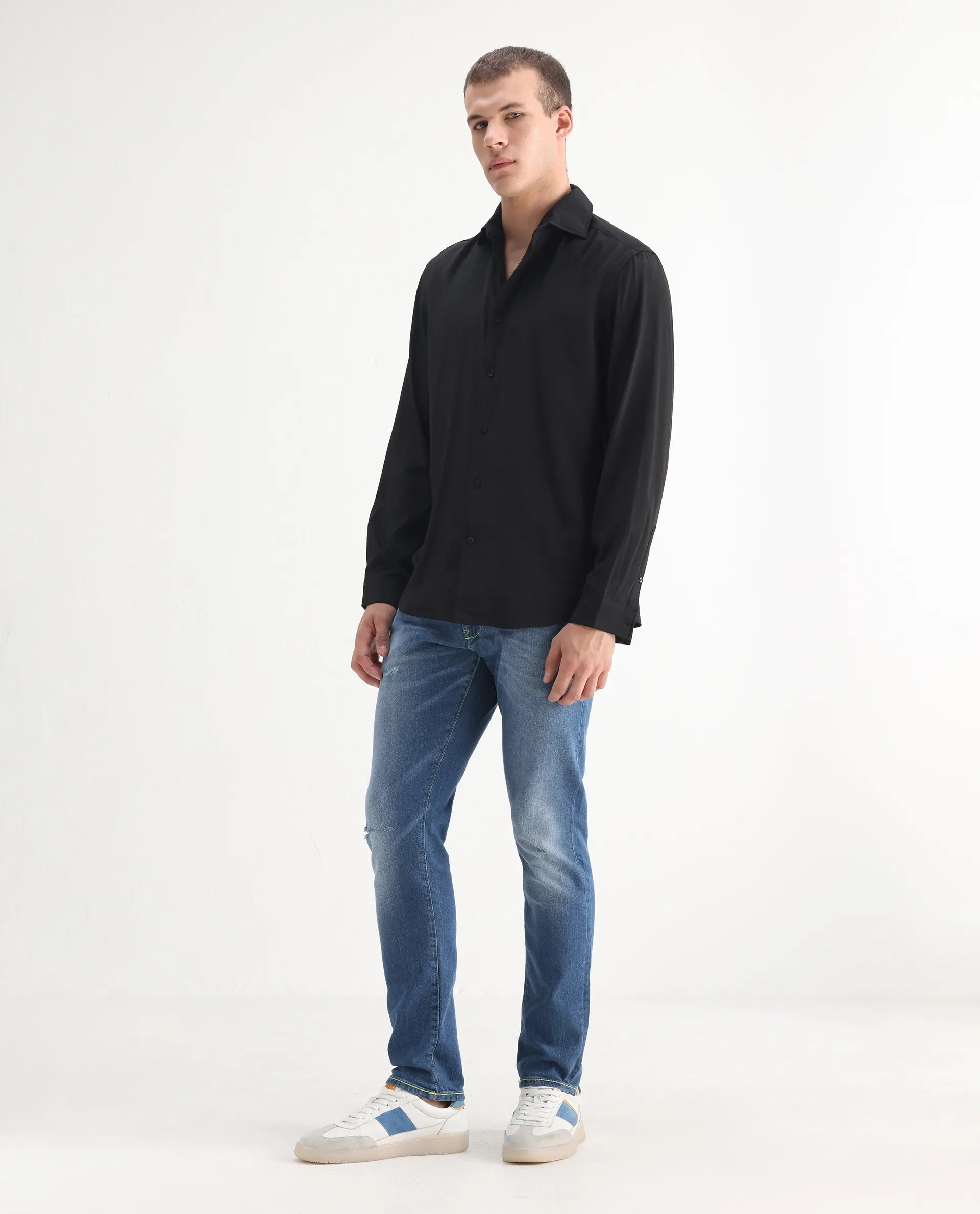 Rare Rabbit Men's Zinon Blue Cotton Blend Plain Hawk Slim Fit Jeans