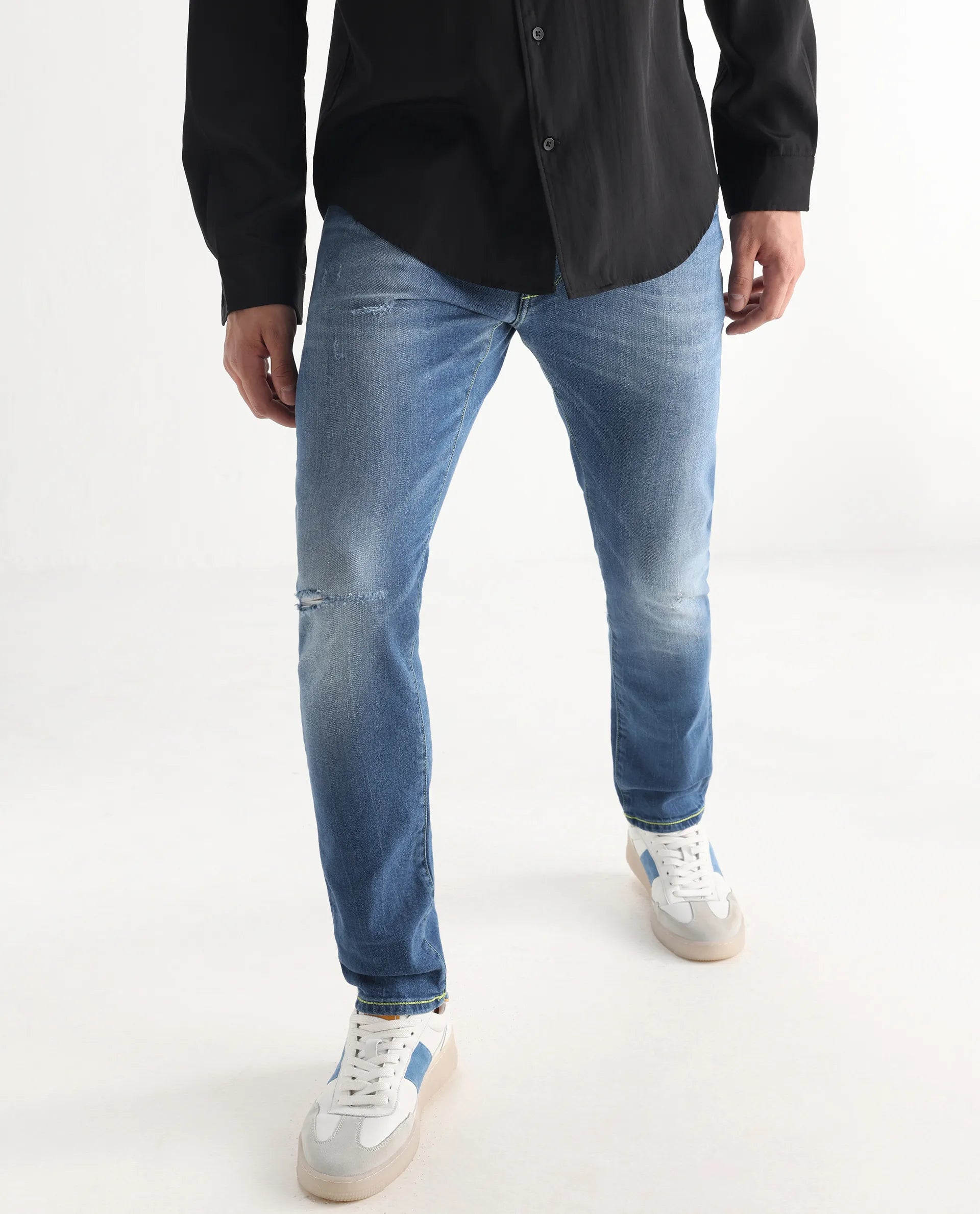 Rare Rabbit Men's Zinon Blue Cotton Blend Plain Hawk Slim Fit Jeans