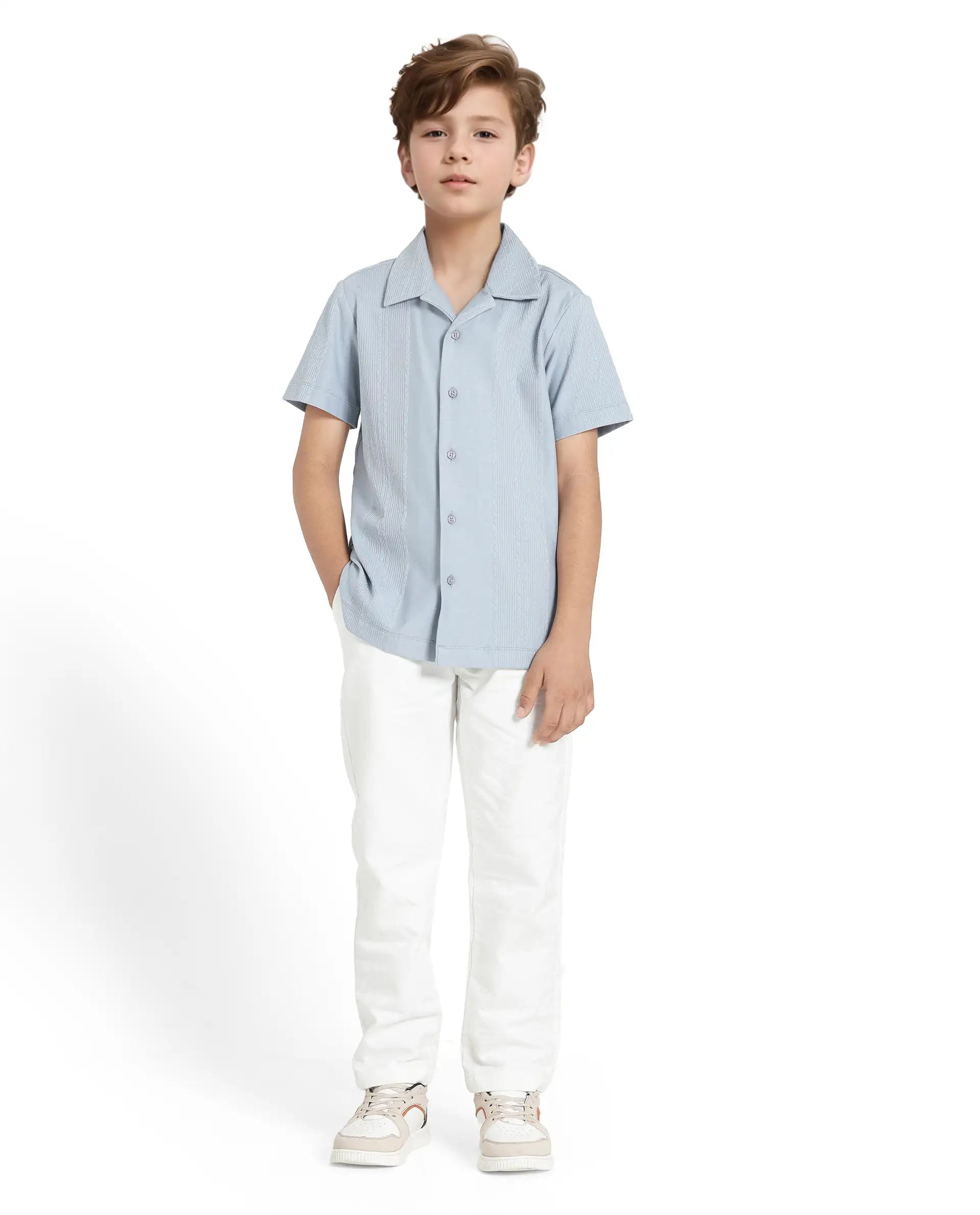 Rare Ones Kids Zinon Dusky Blue Cotton Full Sleeve Cuban Collar Jacquard Shirt