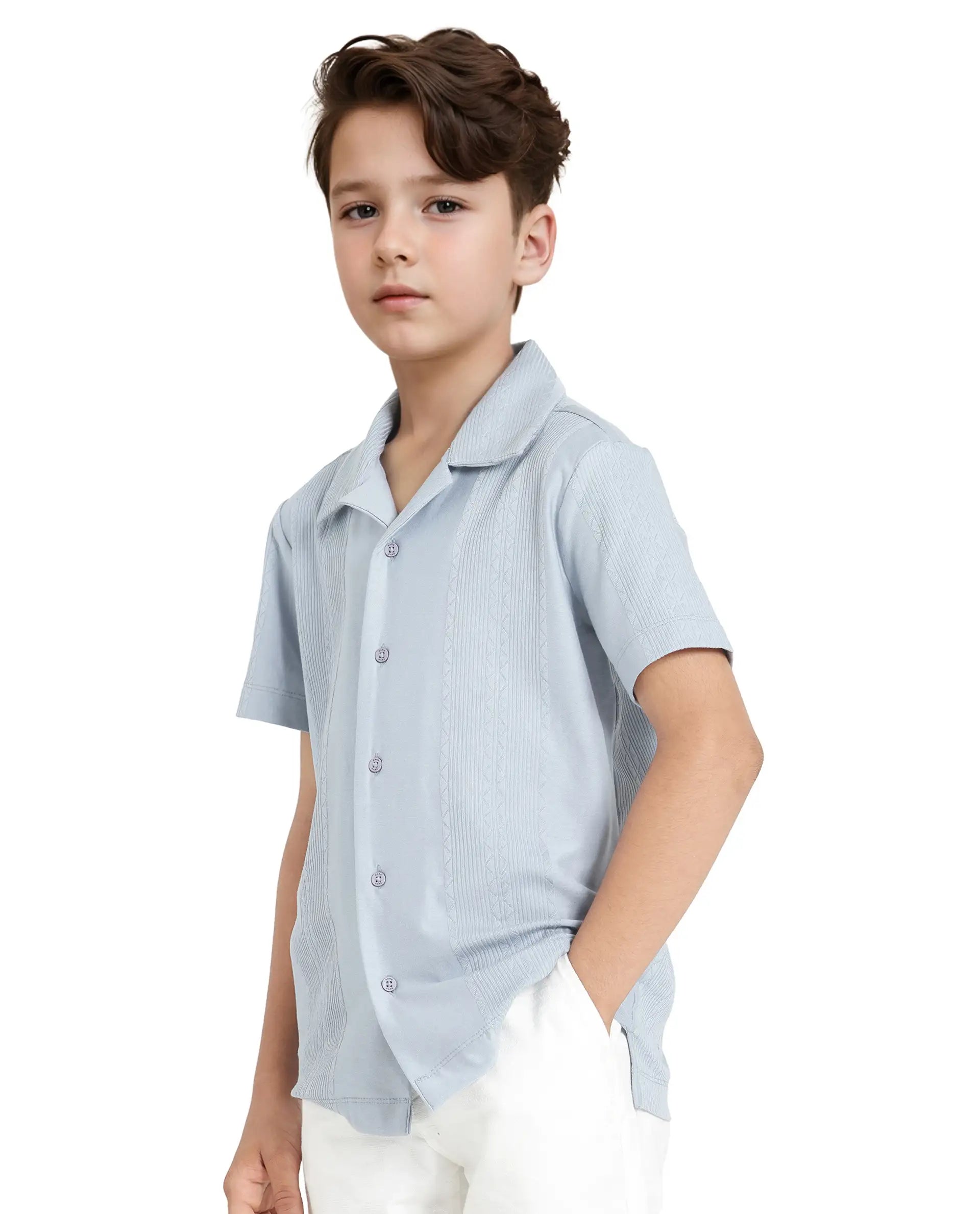 Rare Ones Kids Zinon Dusky Blue Cotton Full Sleeve Cuban Collar Jacquard Shirt
