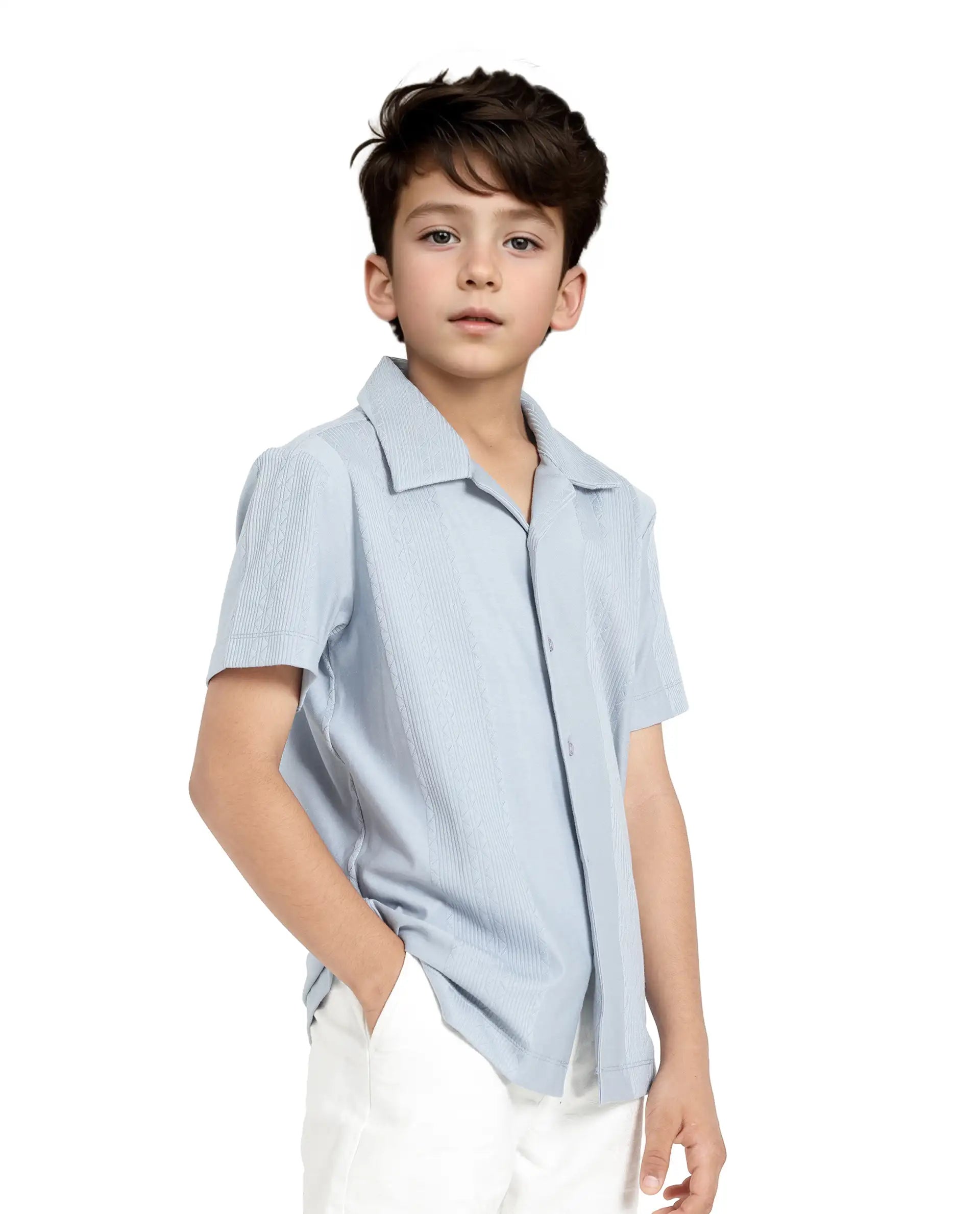 Rare Ones Kids Zinon Dusky Blue Cotton Full Sleeve Cuban Collar Jacquard Shirt