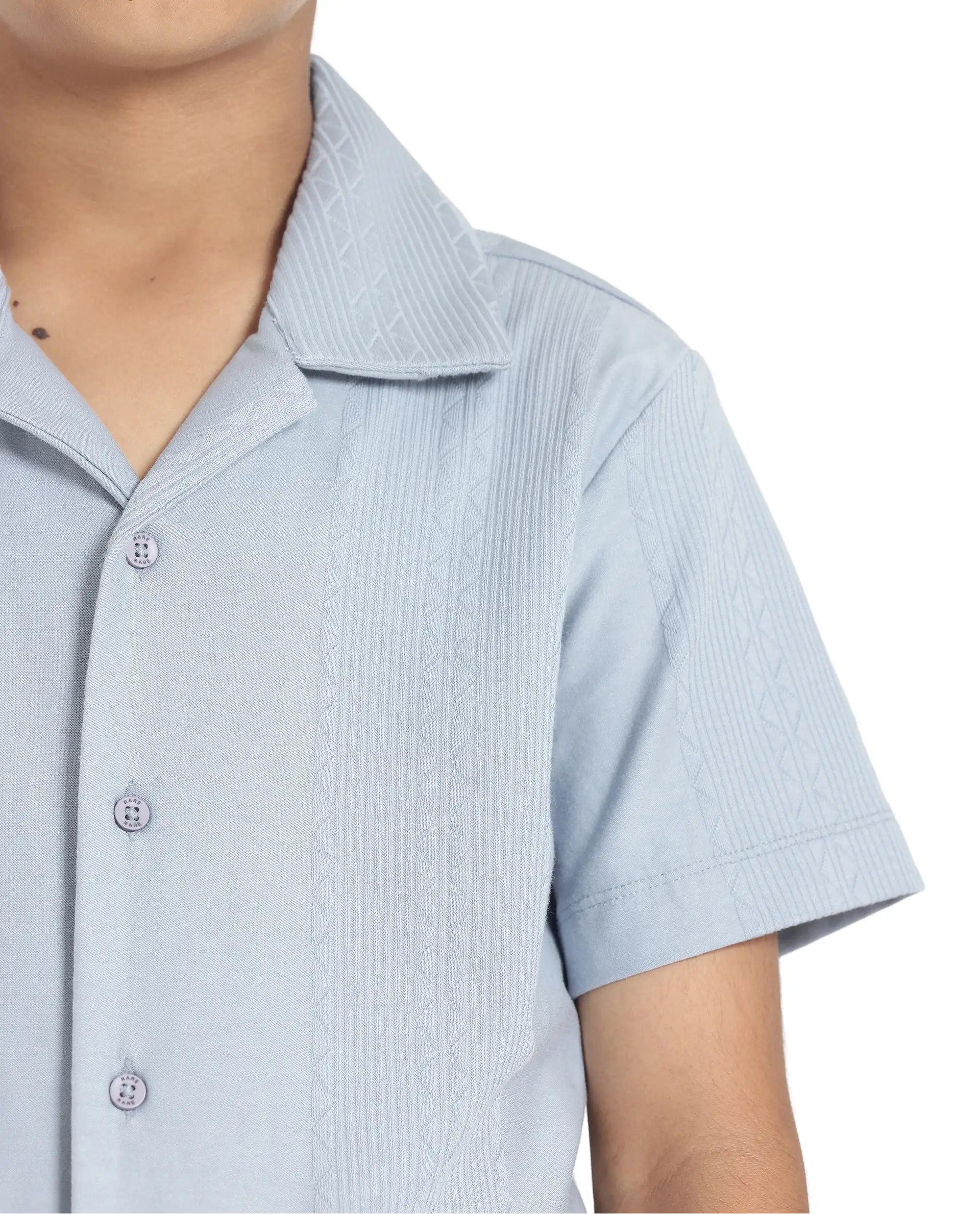 Rare Ones Kids Zinon Dusky Blue Cotton Full Sleeve Cuban Collar Jacquard Shirt