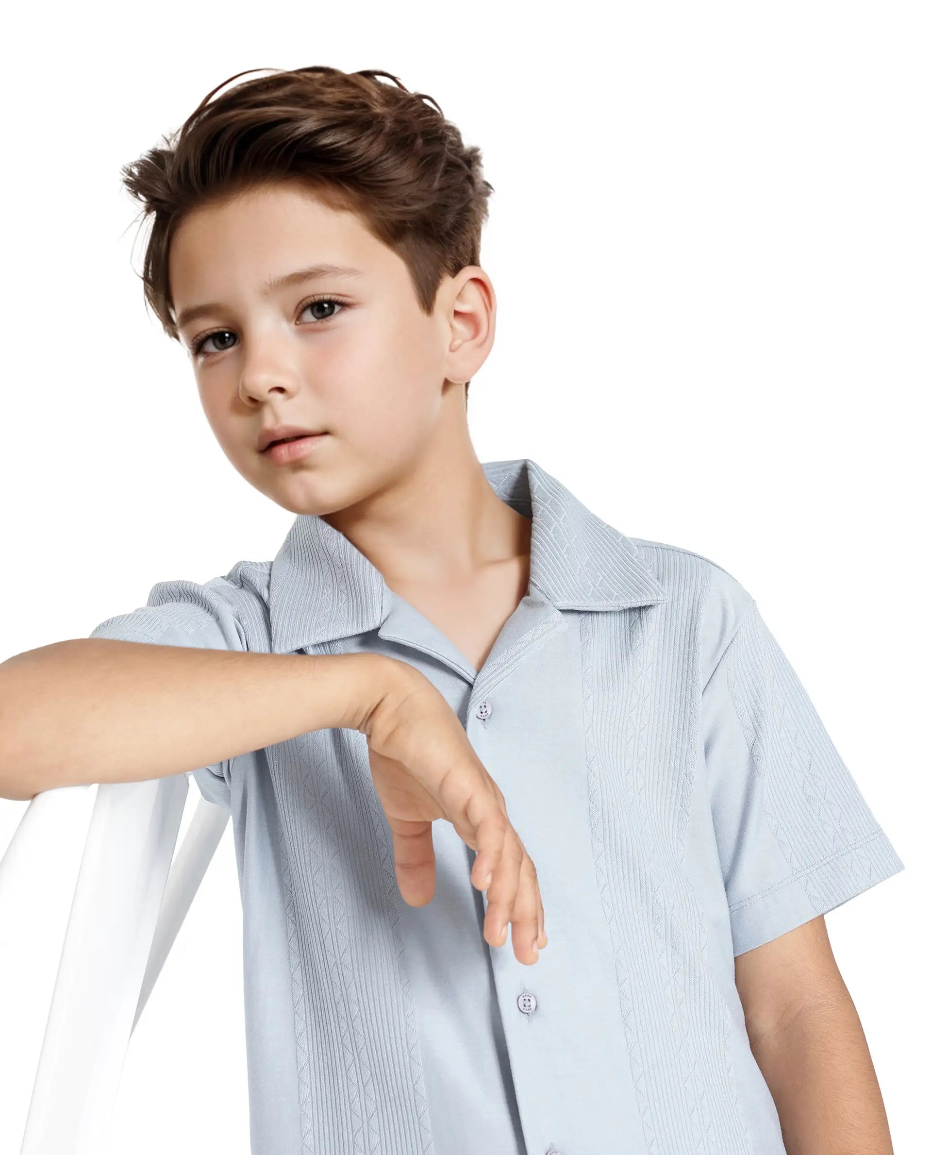 Rare Ones Kids Zinon Dusky Blue Cotton Full Sleeve Cuban Collar Jacquard Shirt