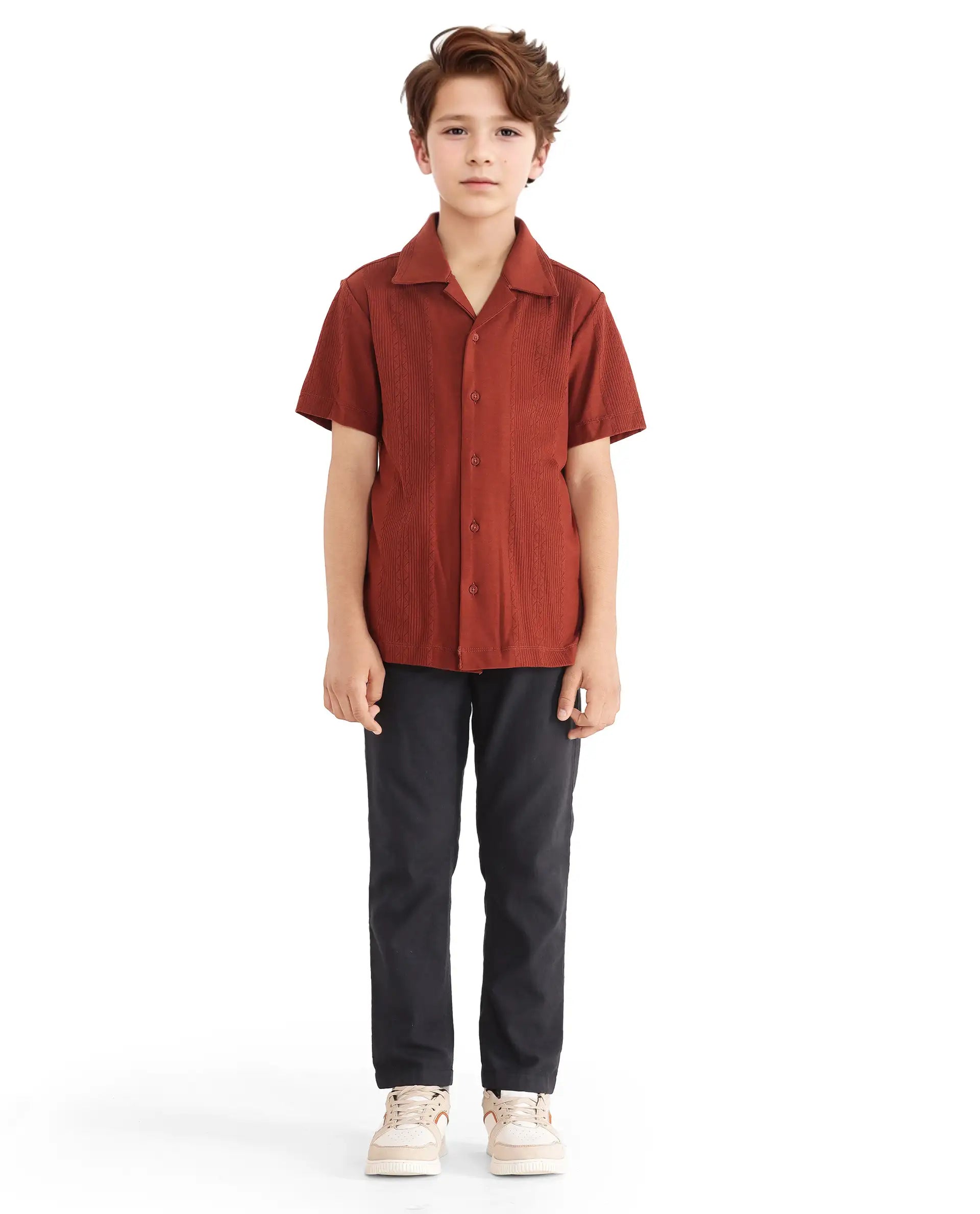 Rare Ones Kids Zinon Rust Cotton Full Sleeve Cuban Collar Jacquard Shirt