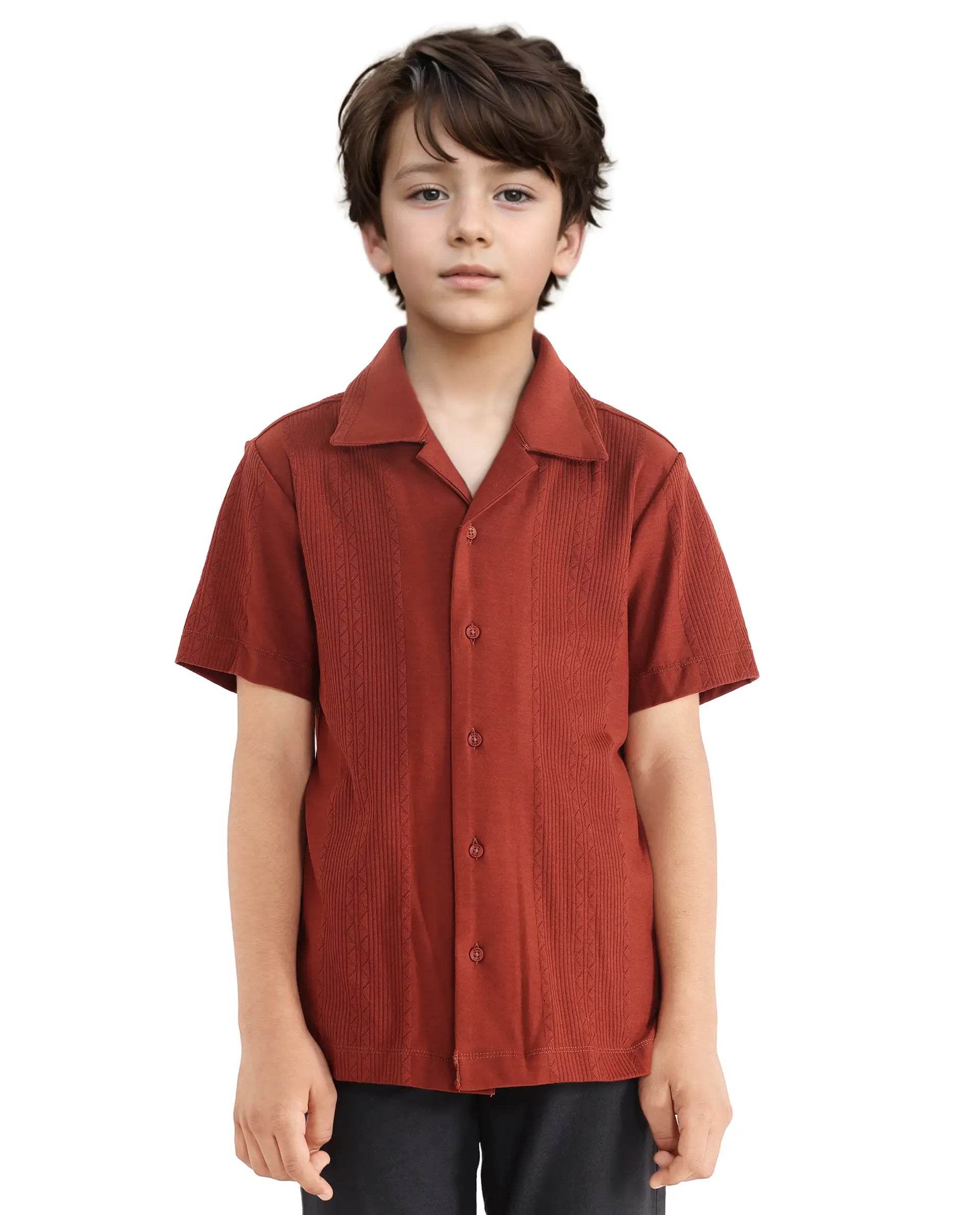 Rare Ones Kids Zinon Rust Cotton Full Sleeve Cuban Collar Jacquard Shirt