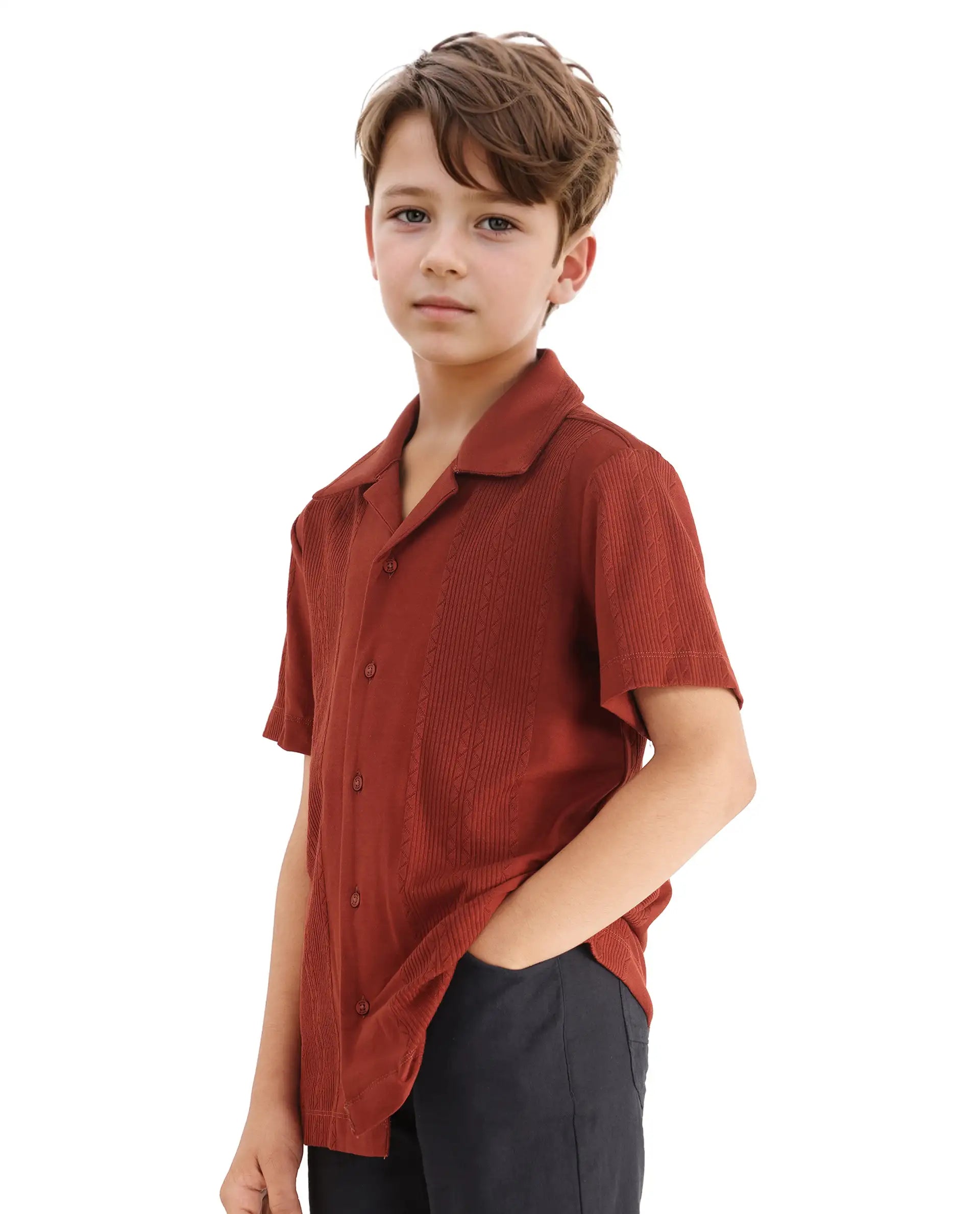 Rare Ones Kids Zinon Rust Cotton Full Sleeve Cuban Collar Jacquard Shirt