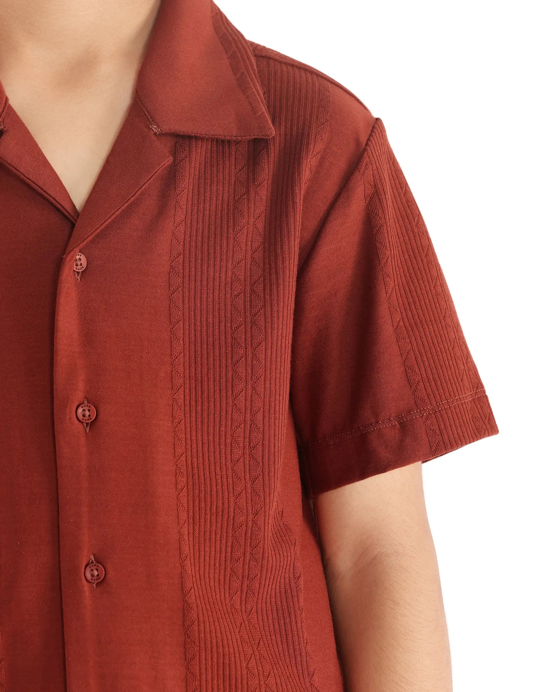 Rare Ones Kids Zinon Rust Cotton Full Sleeve Cuban Collar Jacquard Shirt