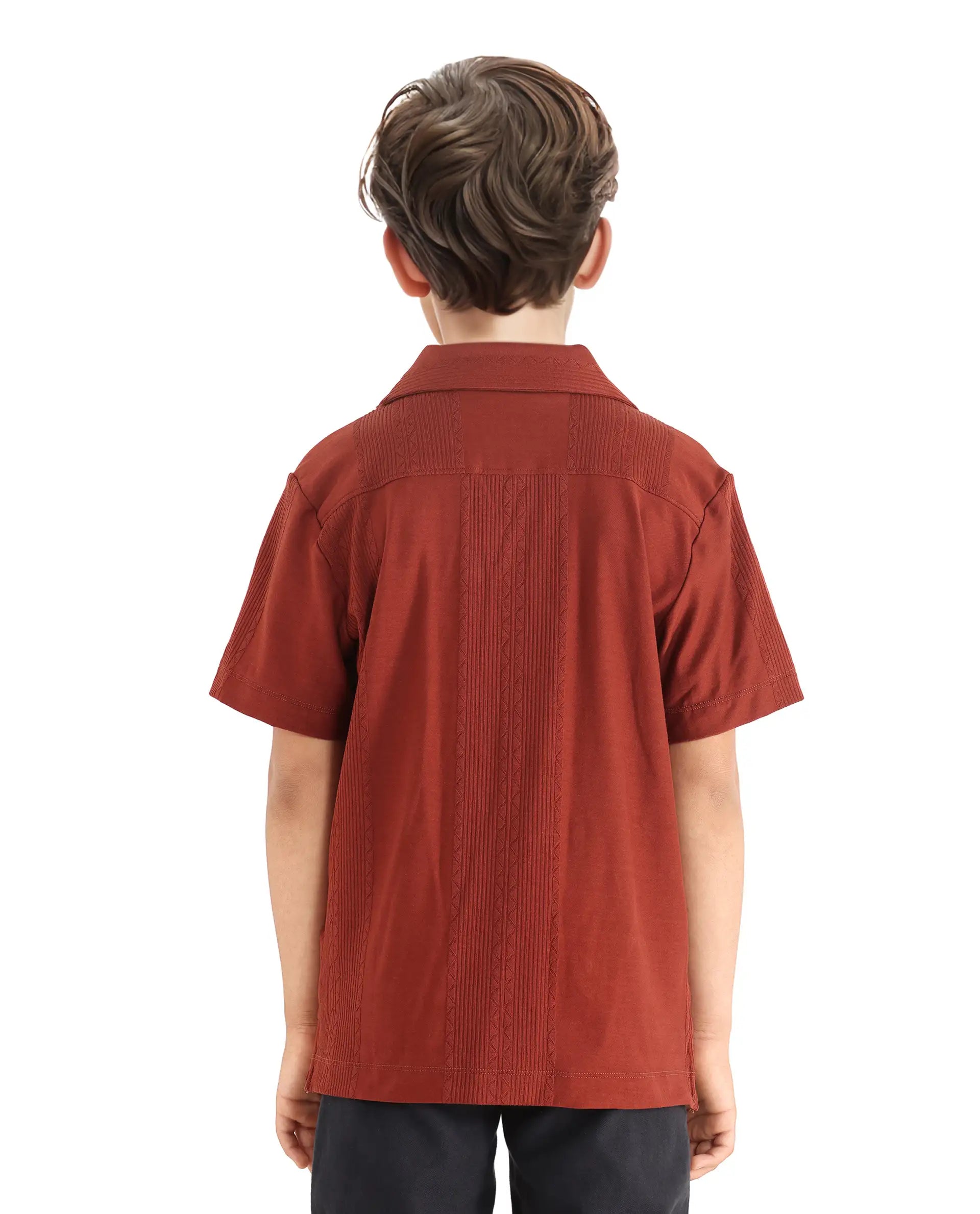 Rare Ones Kids Zinon Rust Cotton Full Sleeve Cuban Collar Jacquard Shirt