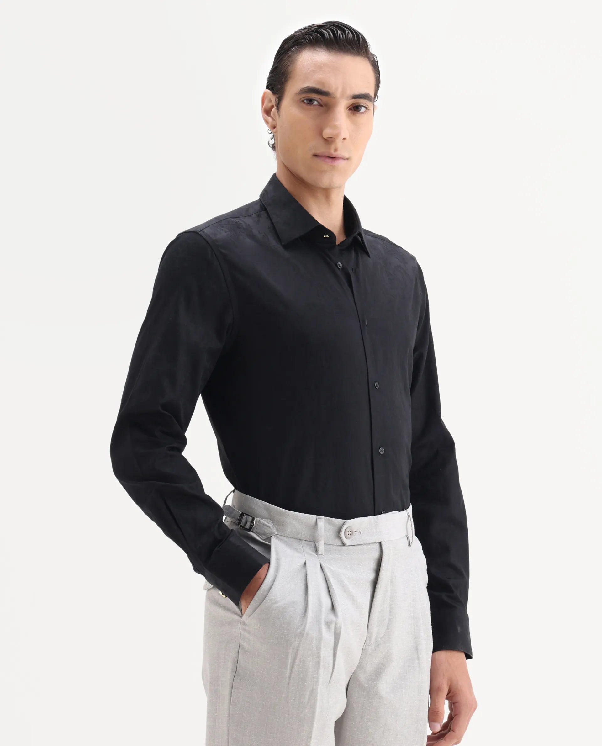 Rare Rabbit Men's Zinq Black Cotton Fabric Spread Collar Regular Fit Jacquard Shirt