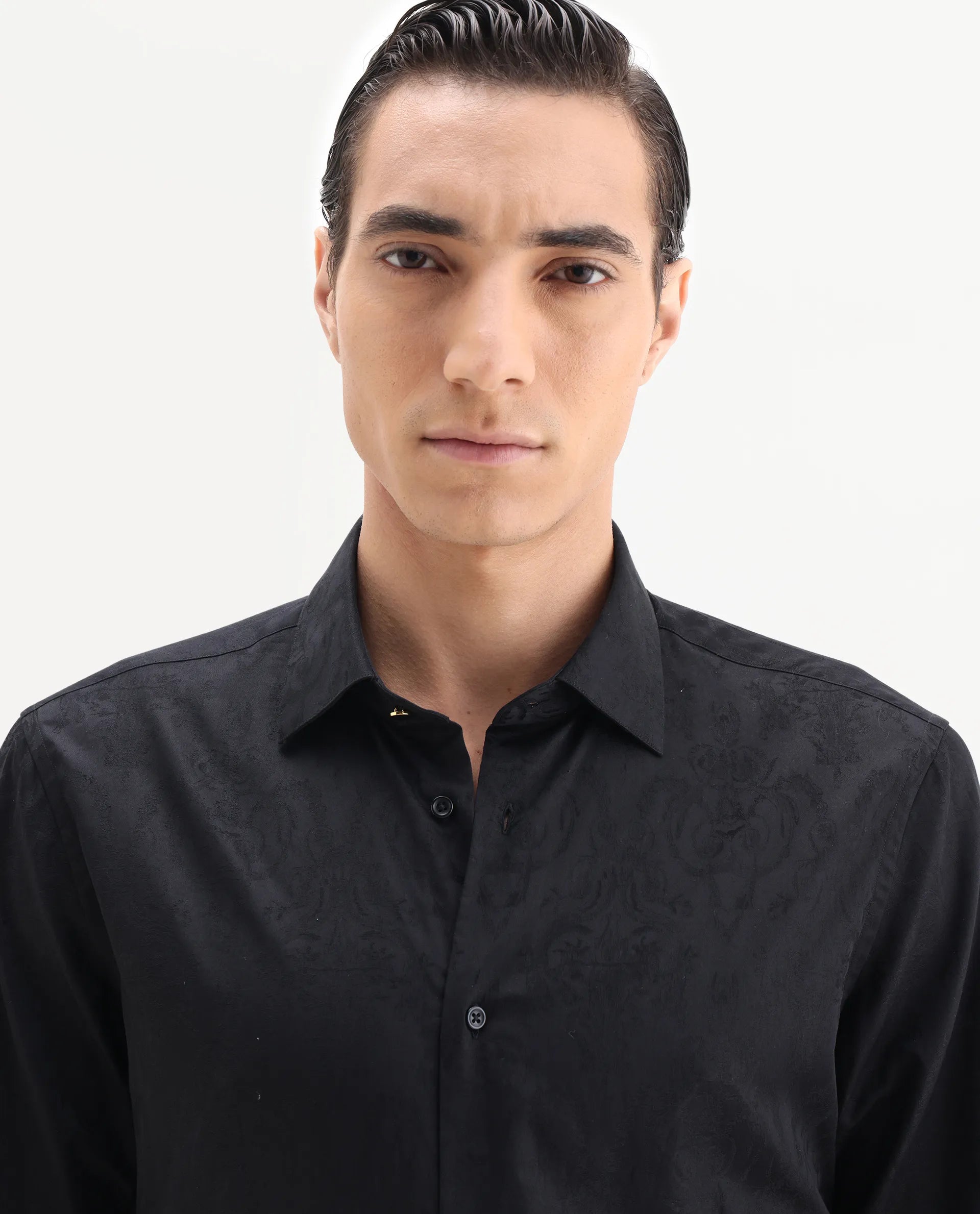 Rare Rabbit Men's Zinq Black Cotton Fabric Spread Collar Regular Fit Jacquard Shirt