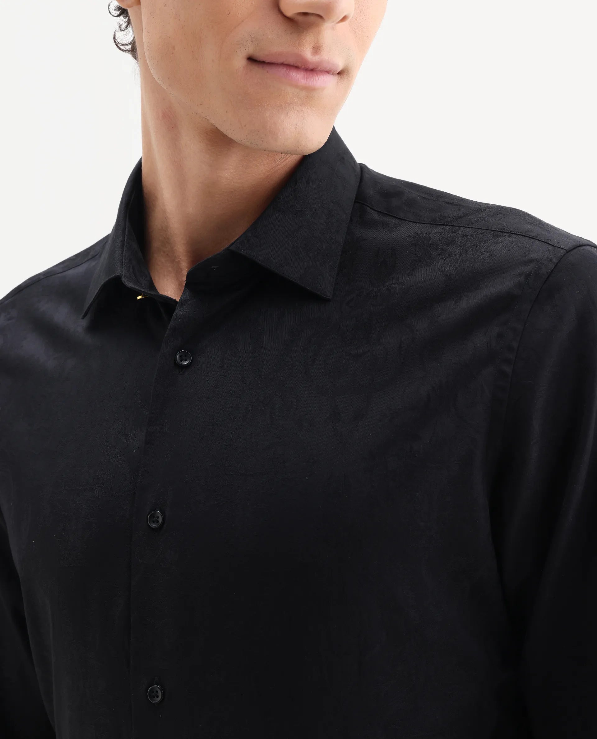 Rare Rabbit Men's Zinq Black Cotton Fabric Spread Collar Regular Fit Jacquard Shirt