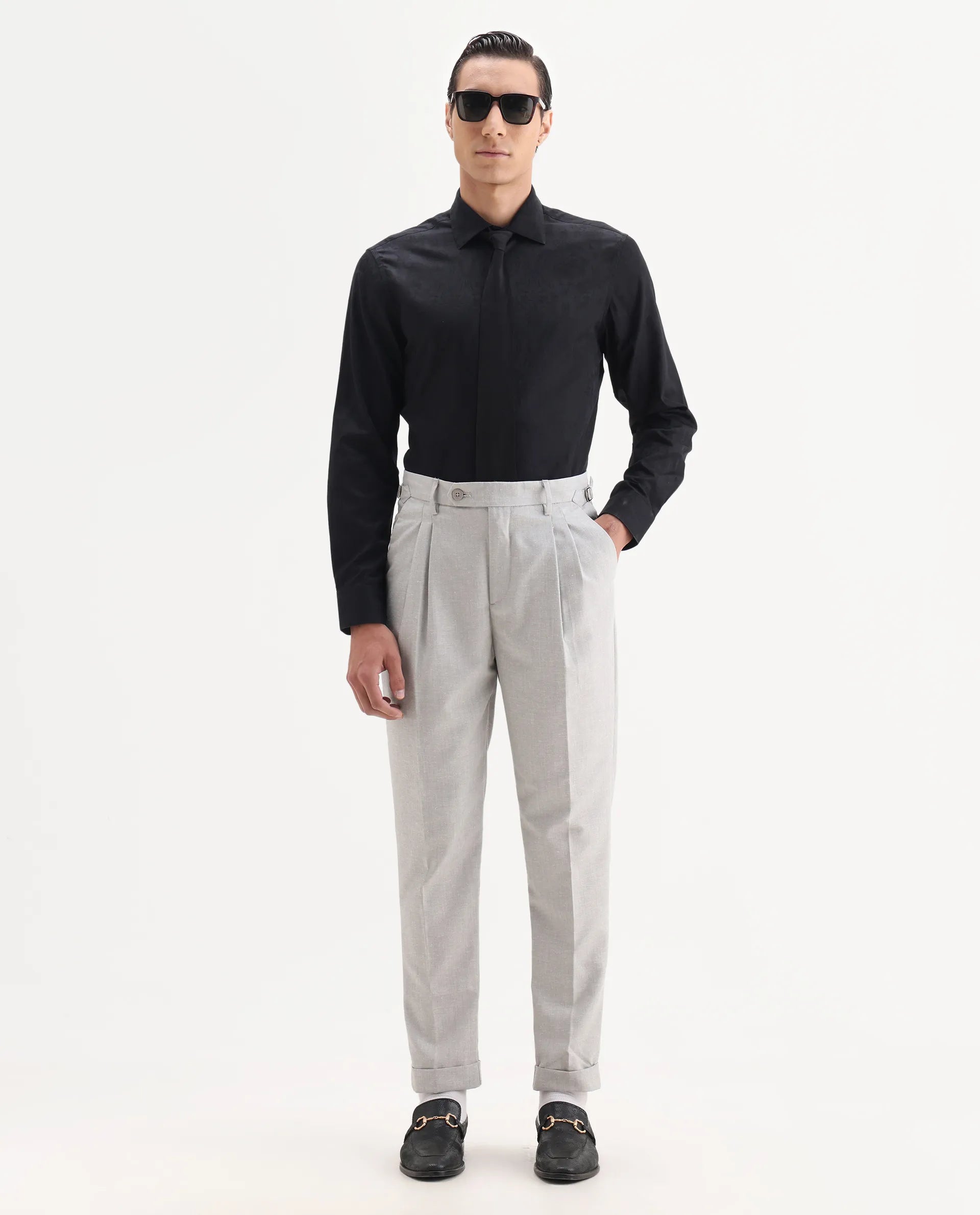 Rare Rabbit Men's Zinq Black Cotton Fabric Spread Collar Regular Fit Jacquard Shirt