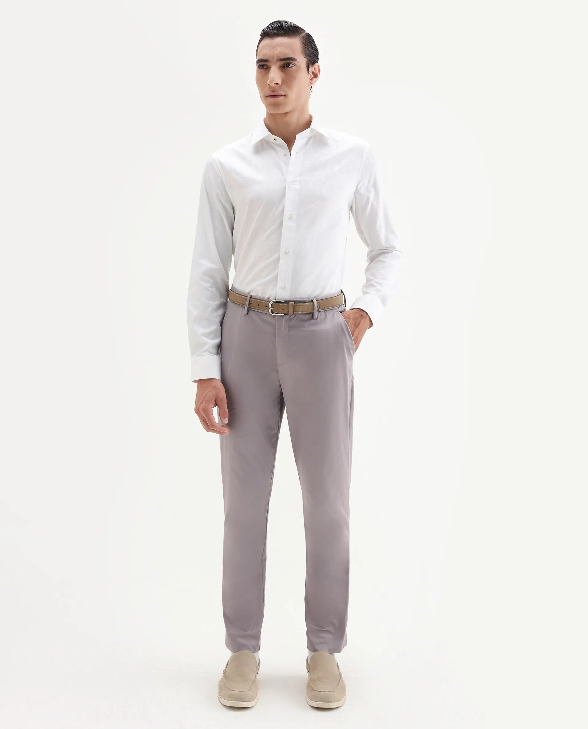 Rare Rabbit Men's Zinq White Cotton Fabric Spread Collar Regular Fit Jacquard Shirt