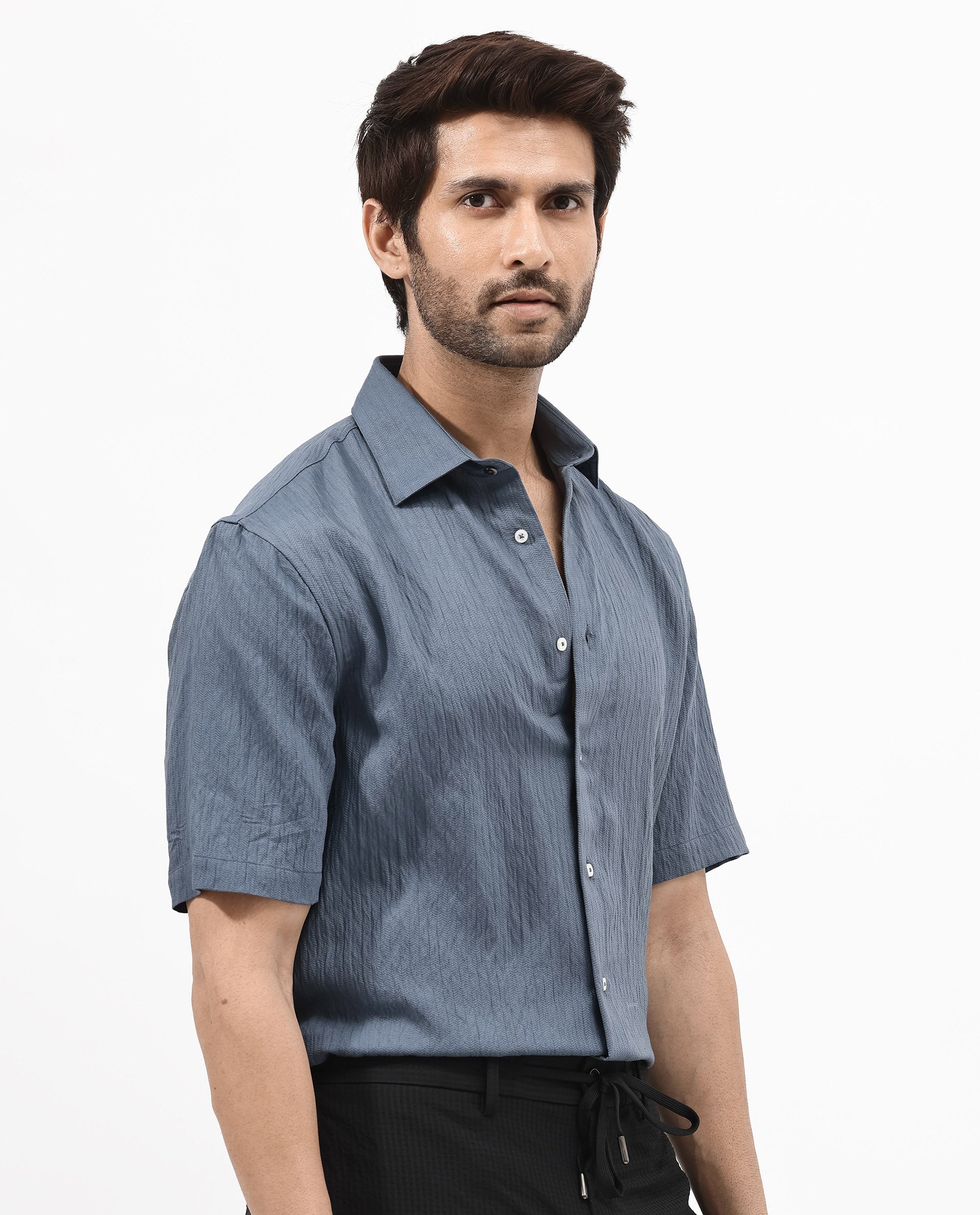 Rare Rabbit Mens Zion Dark Blue Cotton Fabric Half Sleeve Boxy Fit Textured Solid Shirt