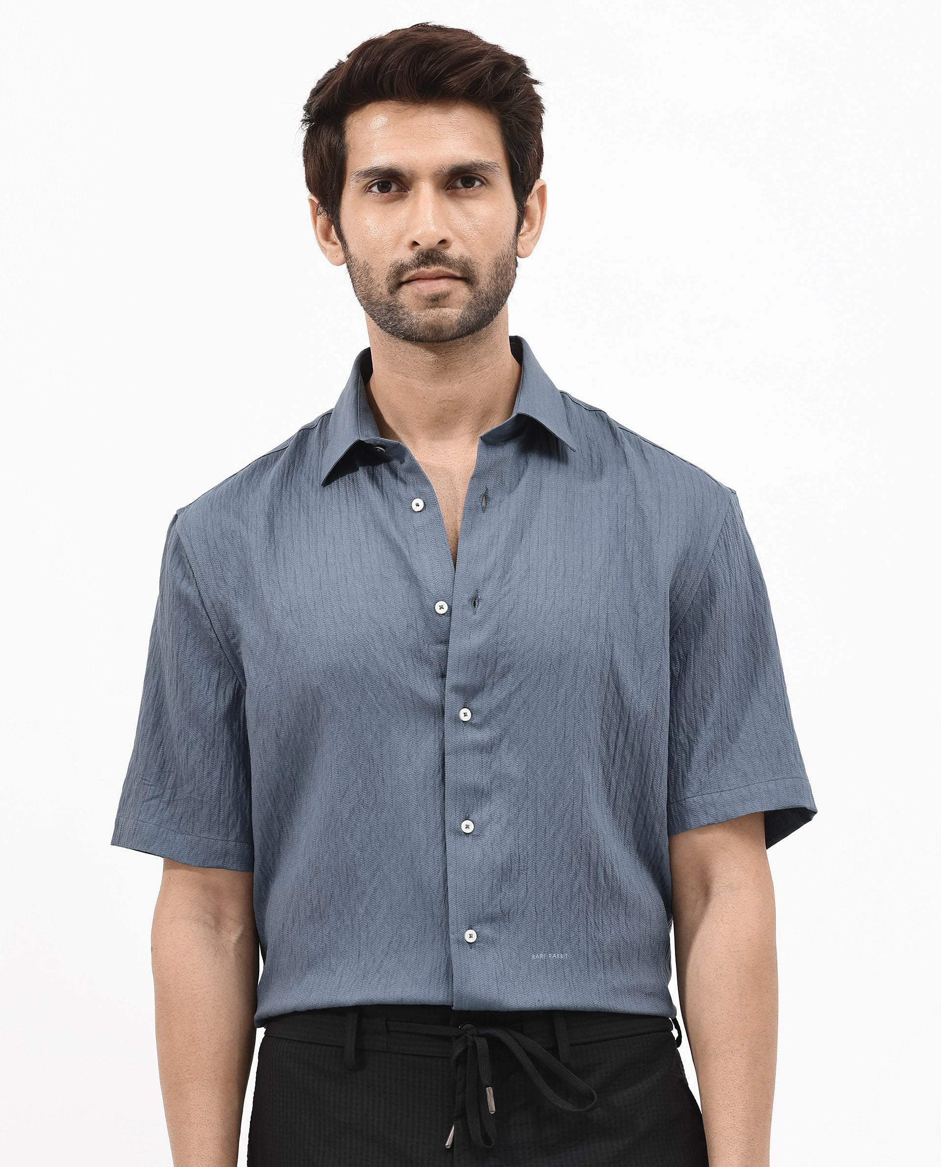 Rare Rabbit Mens Zion Dark Blue Cotton Fabric Half Sleeve Boxy Fit Textured Solid Shirt