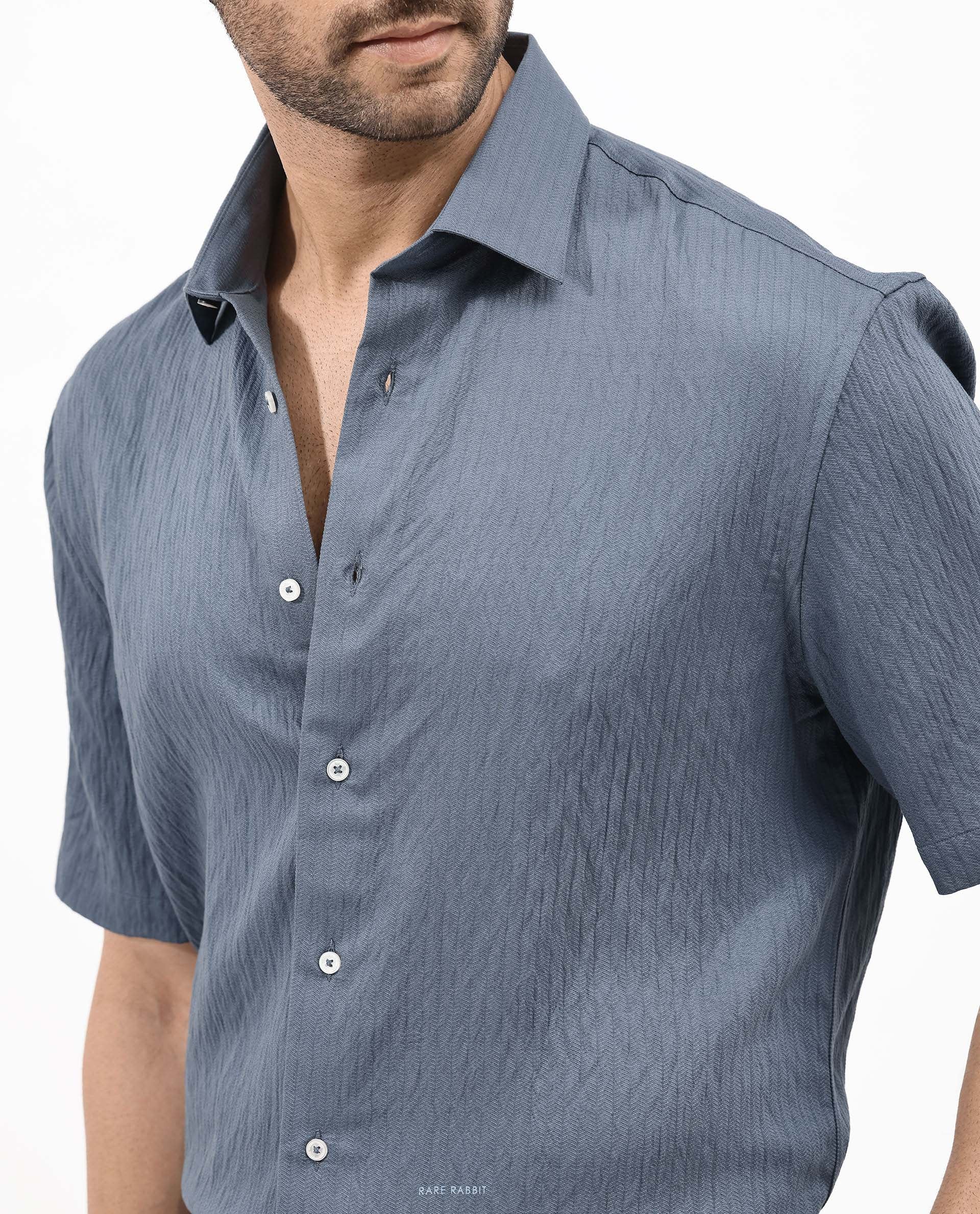 Rare Rabbit Mens Zion Dark Blue Cotton Fabric Half Sleeve Boxy Fit Textured Solid Shirt