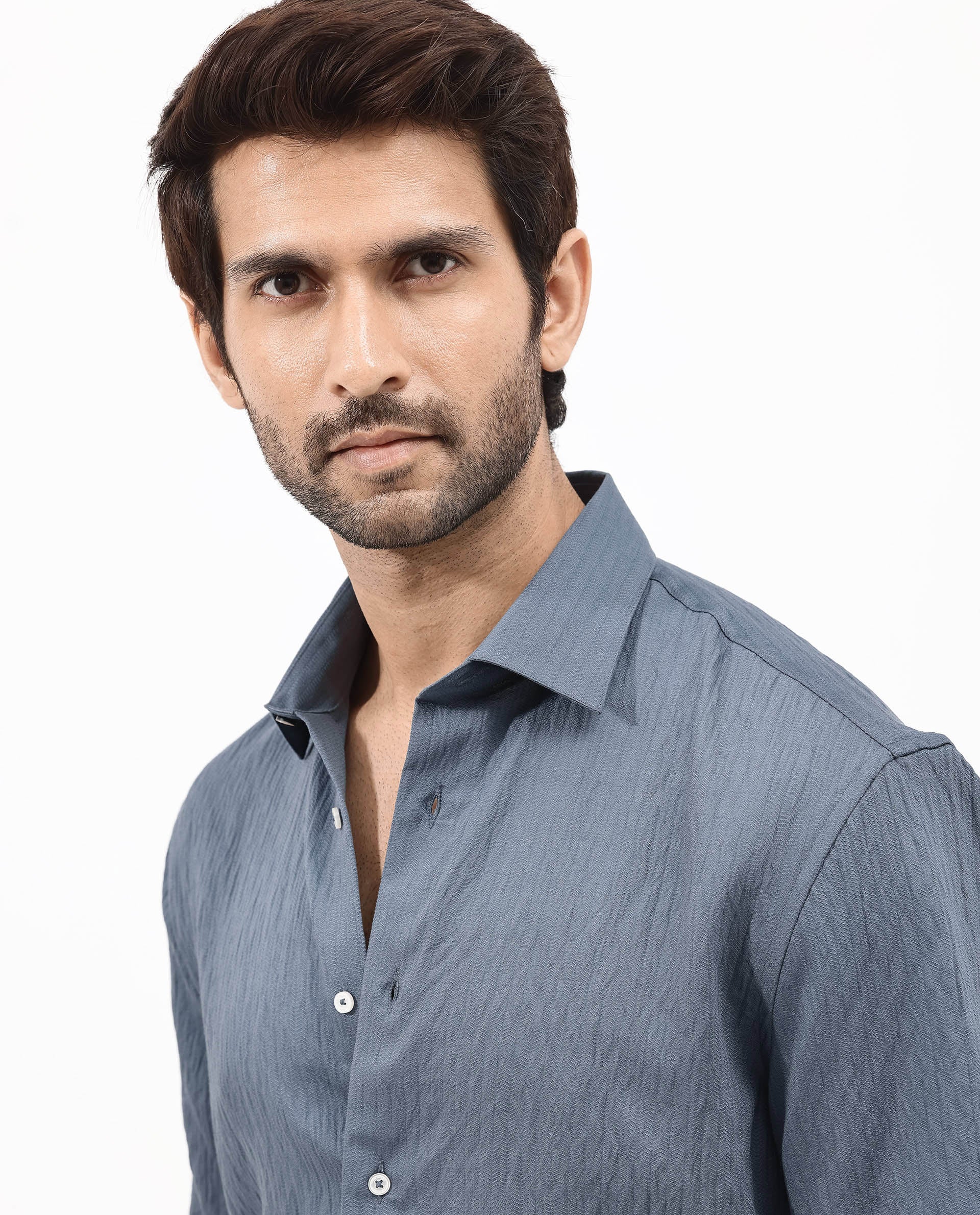 Rare Rabbit Mens Zion Dark Blue Cotton Fabric Half Sleeve Boxy Fit Textured Solid Shirt