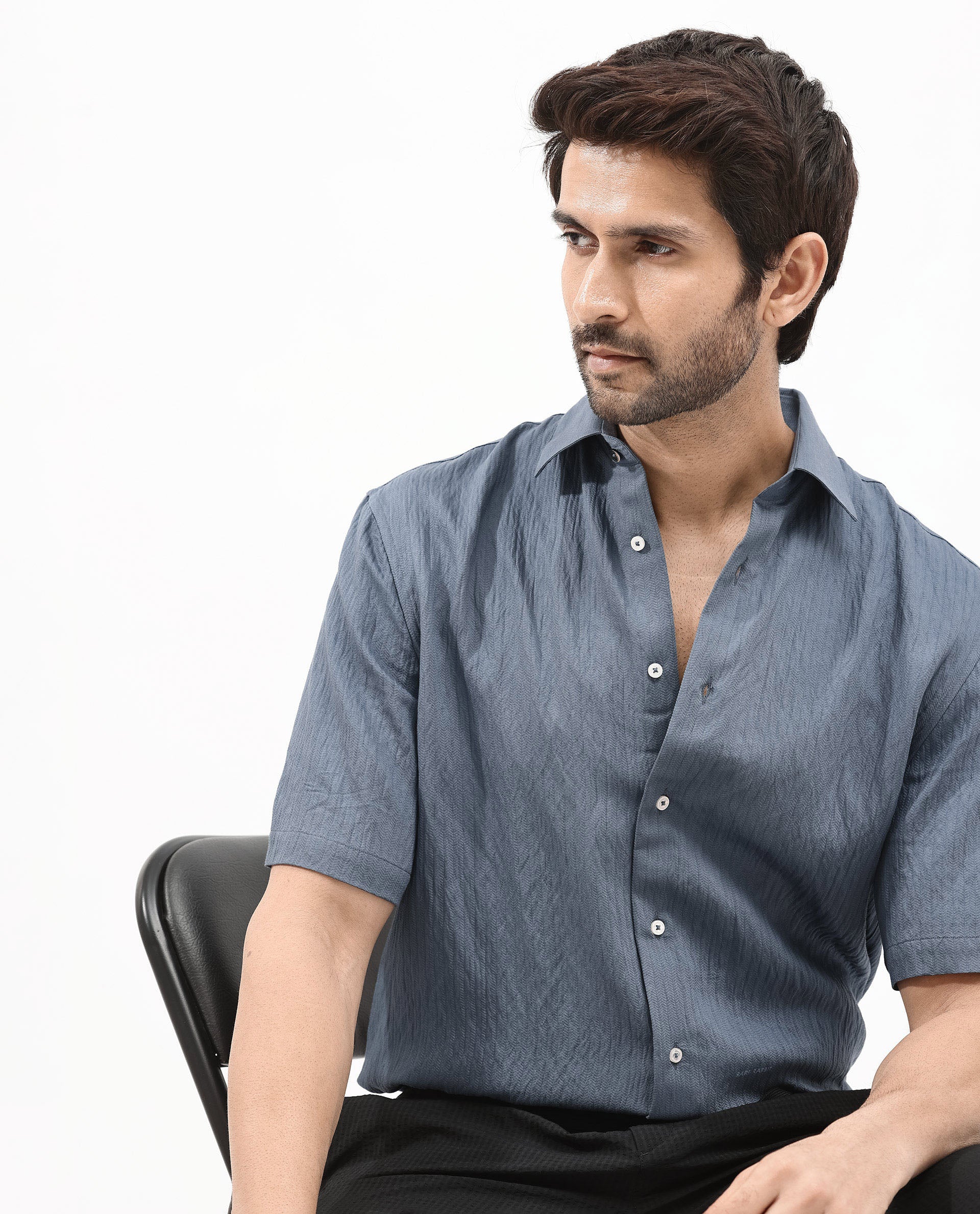 Rare Rabbit Mens Zion Dark Blue Cotton Fabric Half Sleeve Boxy Fit Textured Solid Shirt