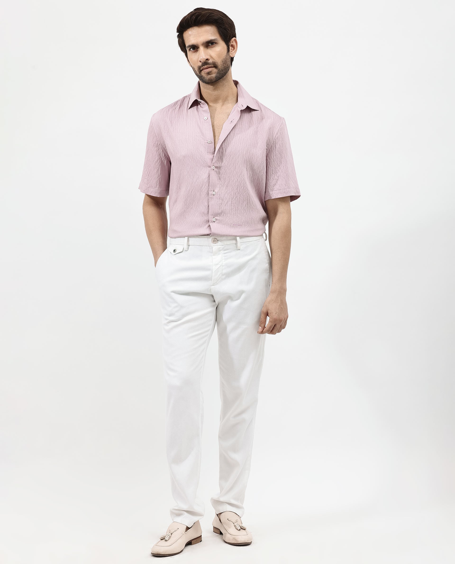 Rare Rabbit Mens Zion Dusky Pink Cotton Fabric Half Sleeve Boxy Fit Textured Solid Shirt