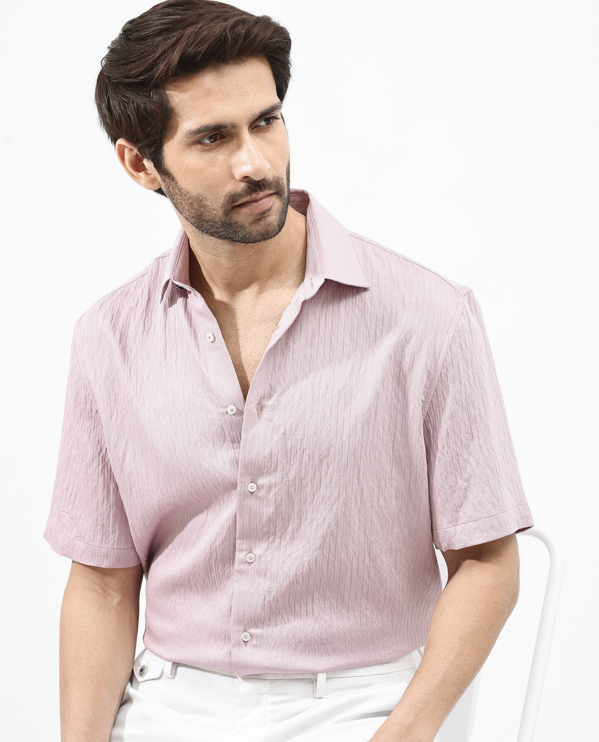 Rare Rabbit Mens Zion Dusky Pink Cotton Fabric Half Sleeve Boxy Fit Textured Solid Shirt
