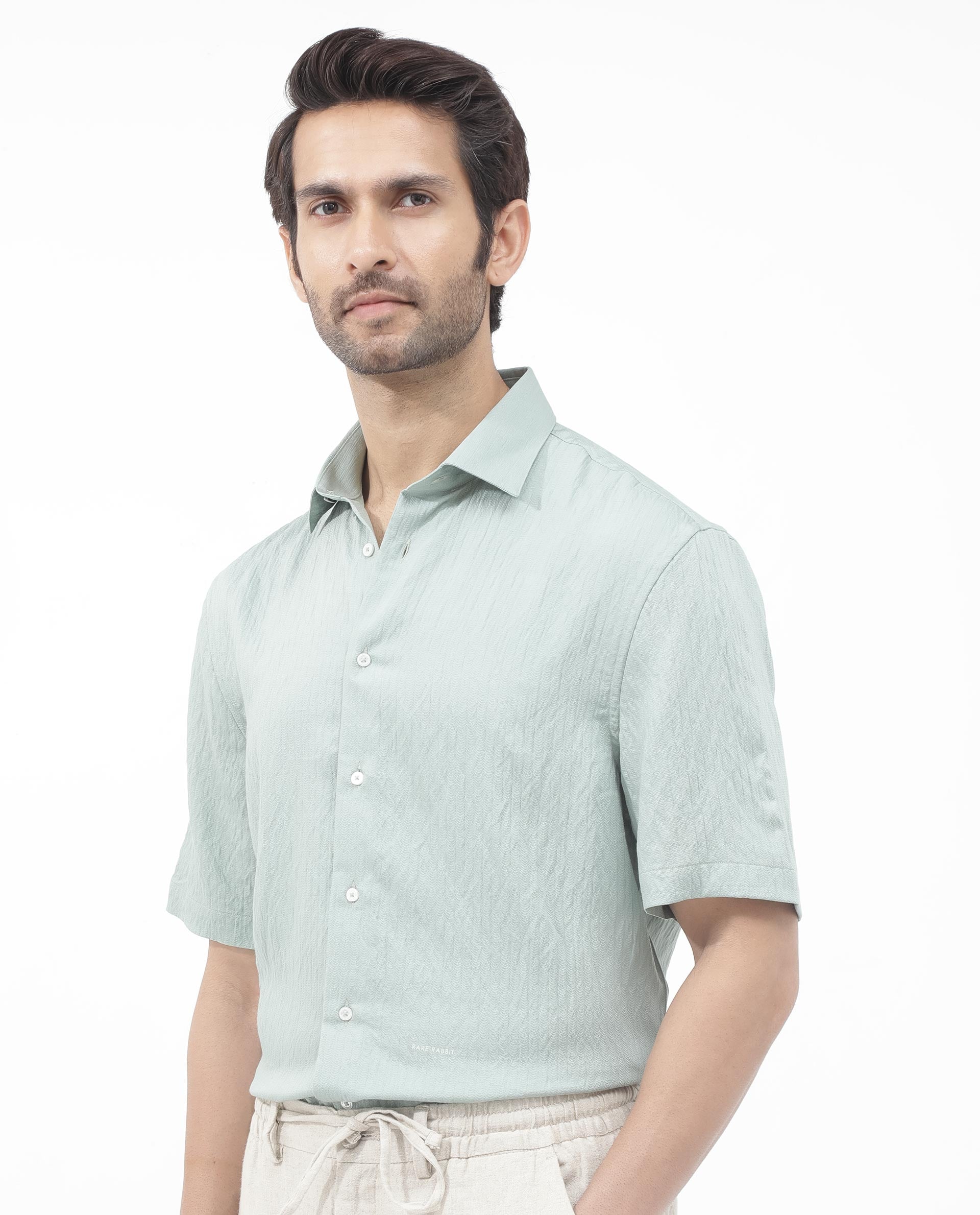 Rare Rabbit Mens Zion Light Green Cotton Fabric Half Sleeve Boxy Fit Textured Solid Shirt