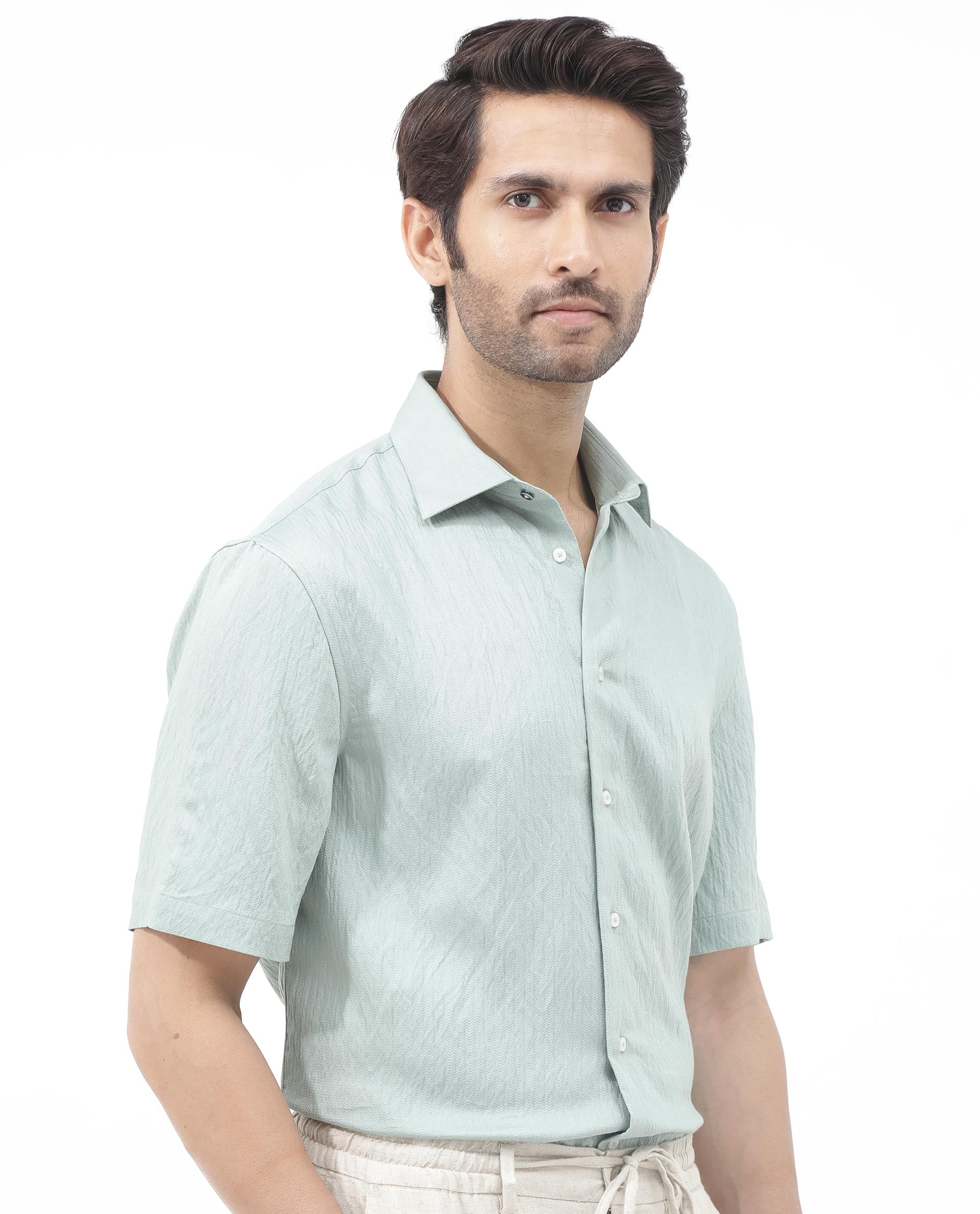Rare Rabbit Mens Zion Light Green Cotton Fabric Half Sleeve Boxy Fit Textured Solid Shirt