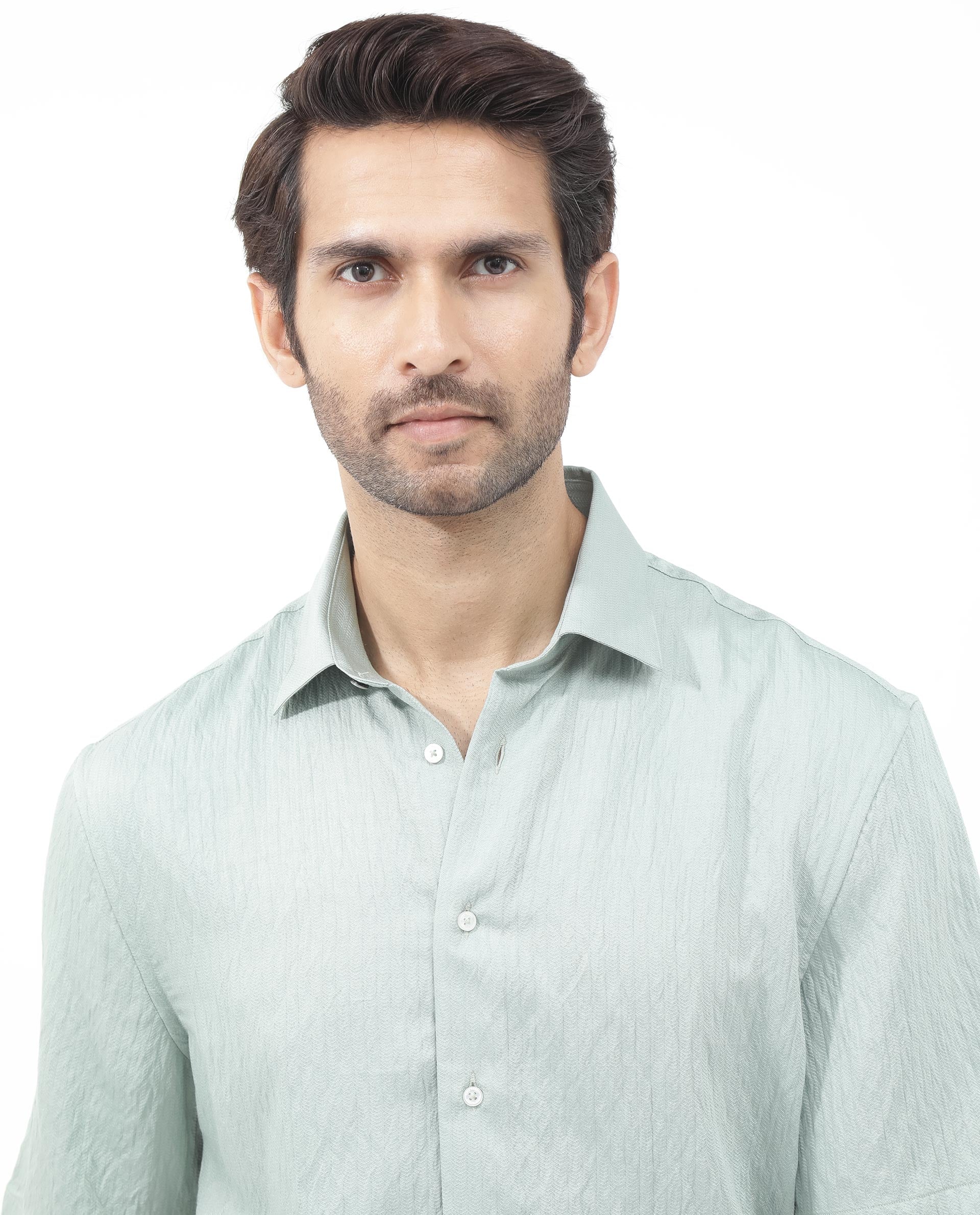 Rare Rabbit Mens Zion Light Green Cotton Fabric Half Sleeve Boxy Fit Textured Solid Shirt