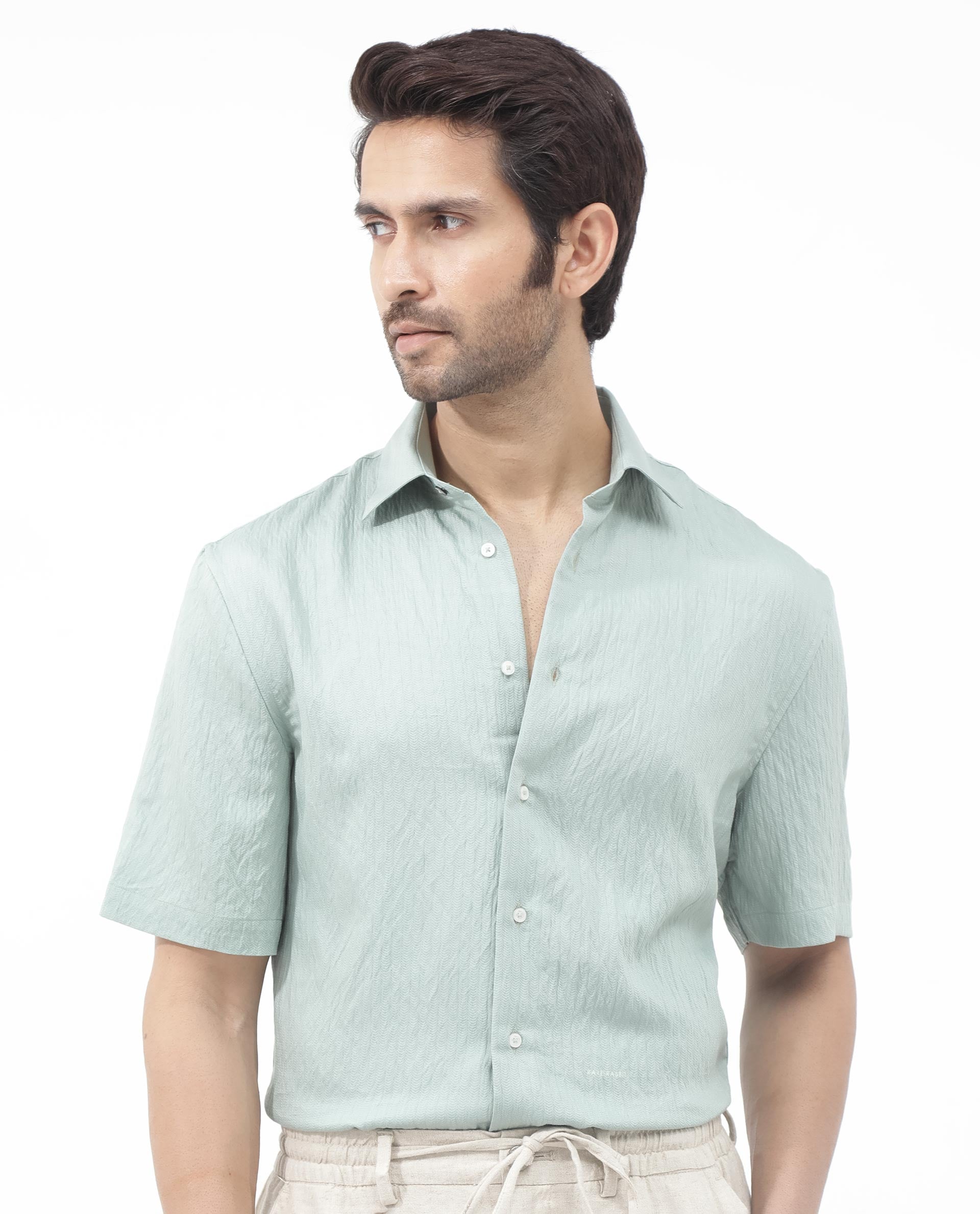 Rare Rabbit Mens Zion Light Green Cotton Fabric Half Sleeve Boxy Fit Textured Solid Shirt