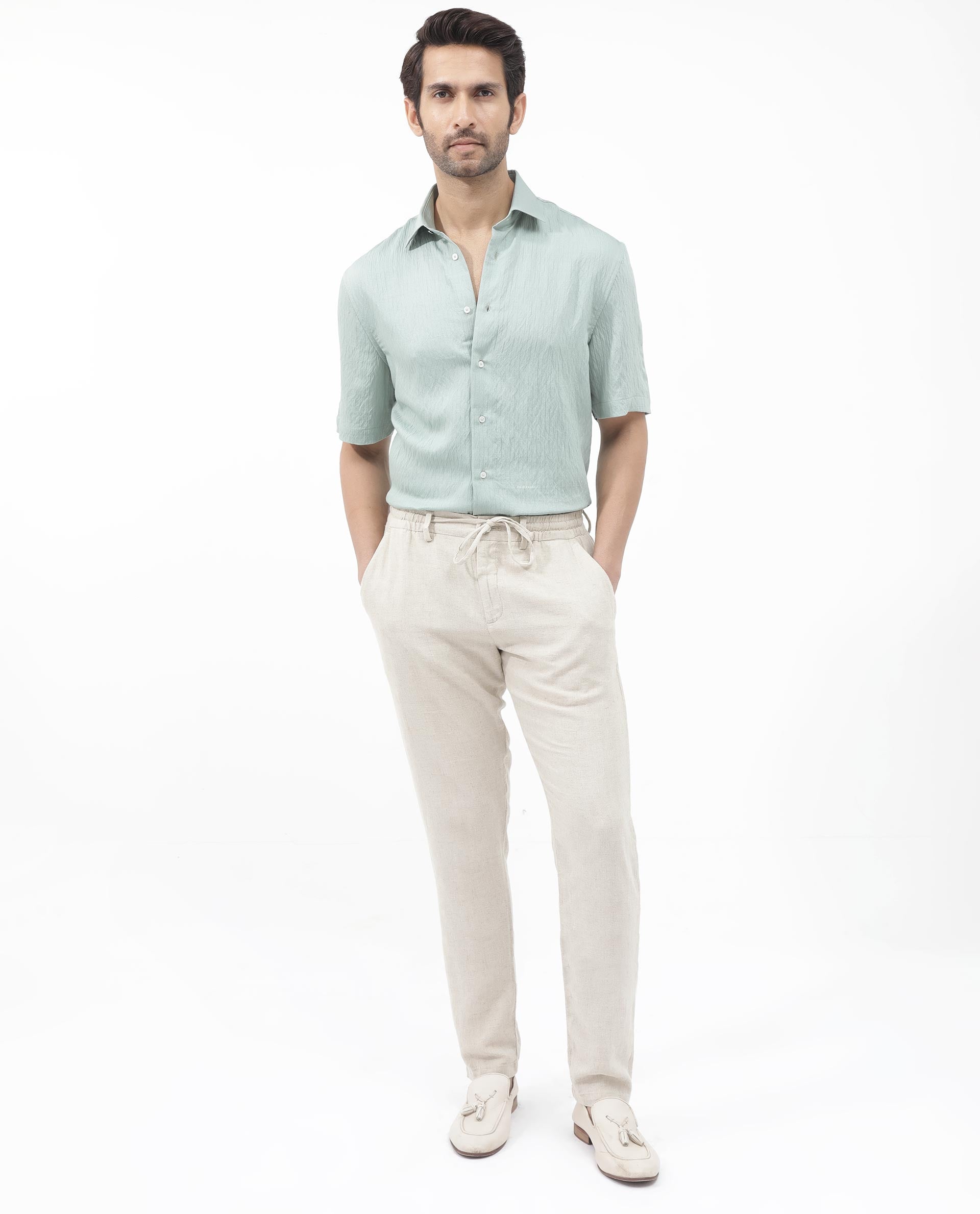 Rare Rabbit Mens Zion Light Green Cotton Fabric Half Sleeve Boxy Fit Textured Solid Shirt