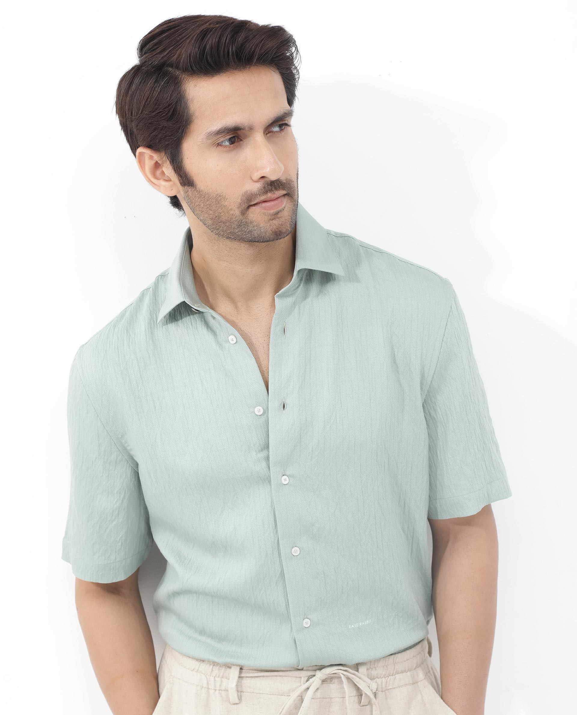 Rare Rabbit Mens Zion Light Green Cotton Fabric Half Sleeve Boxy Fit Textured Solid Shirt