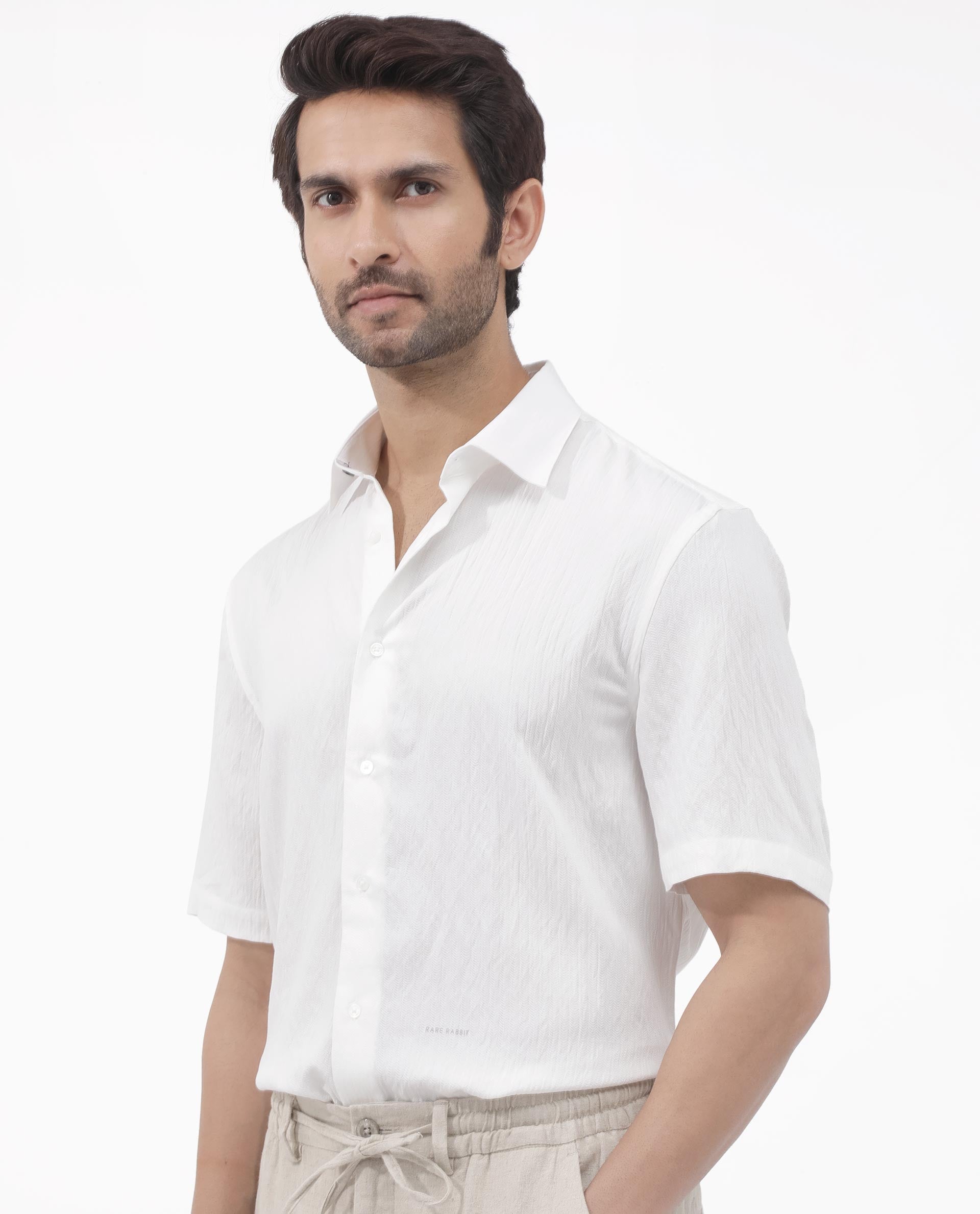 Rare Rabbit Mens Zion White Cotton Fabric Half Sleeve Boxy Fit Textured Solid Shirt