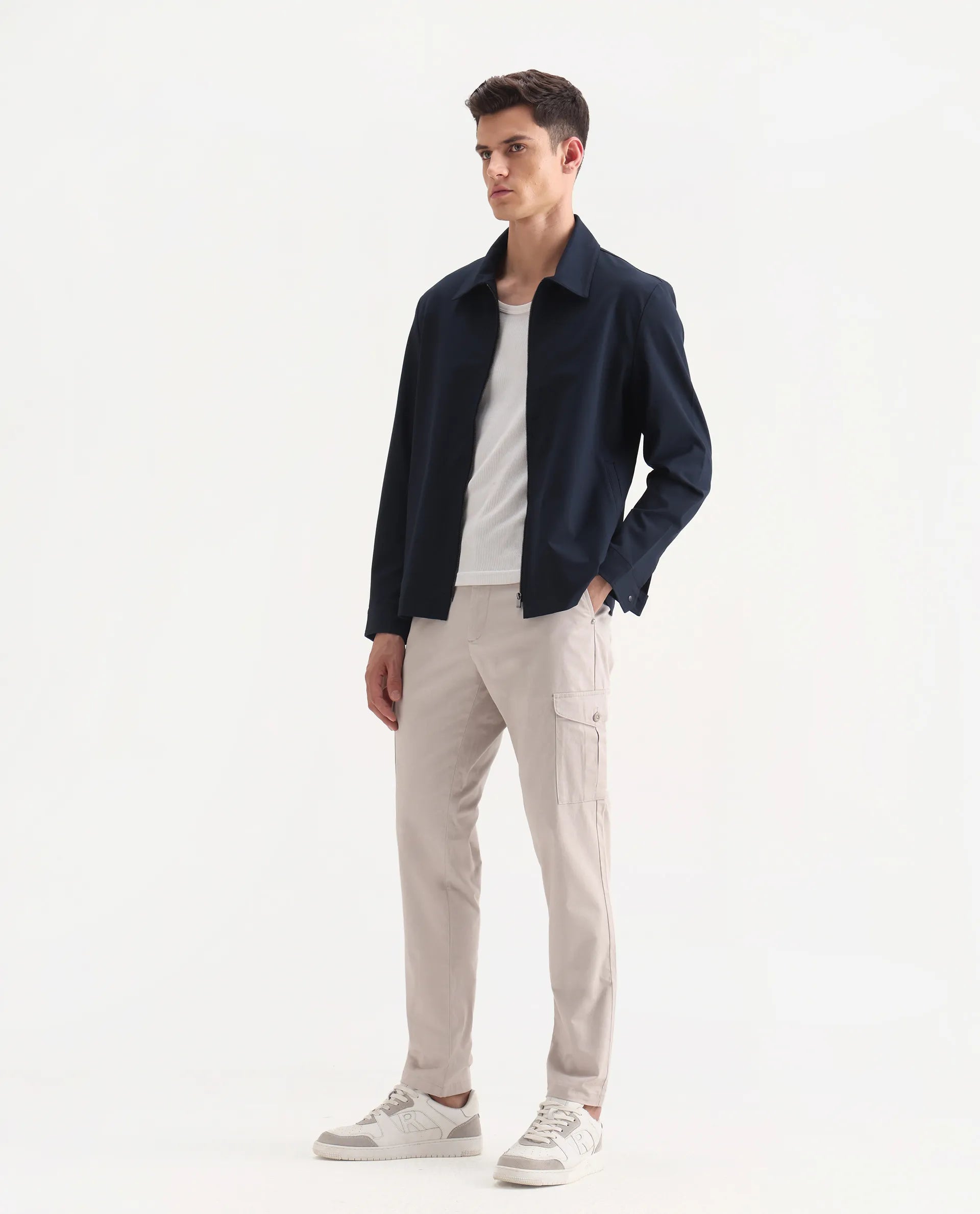 Rare Rabbit Men's Zipe Light Grey Cotton Plain Regular Fit Trouser