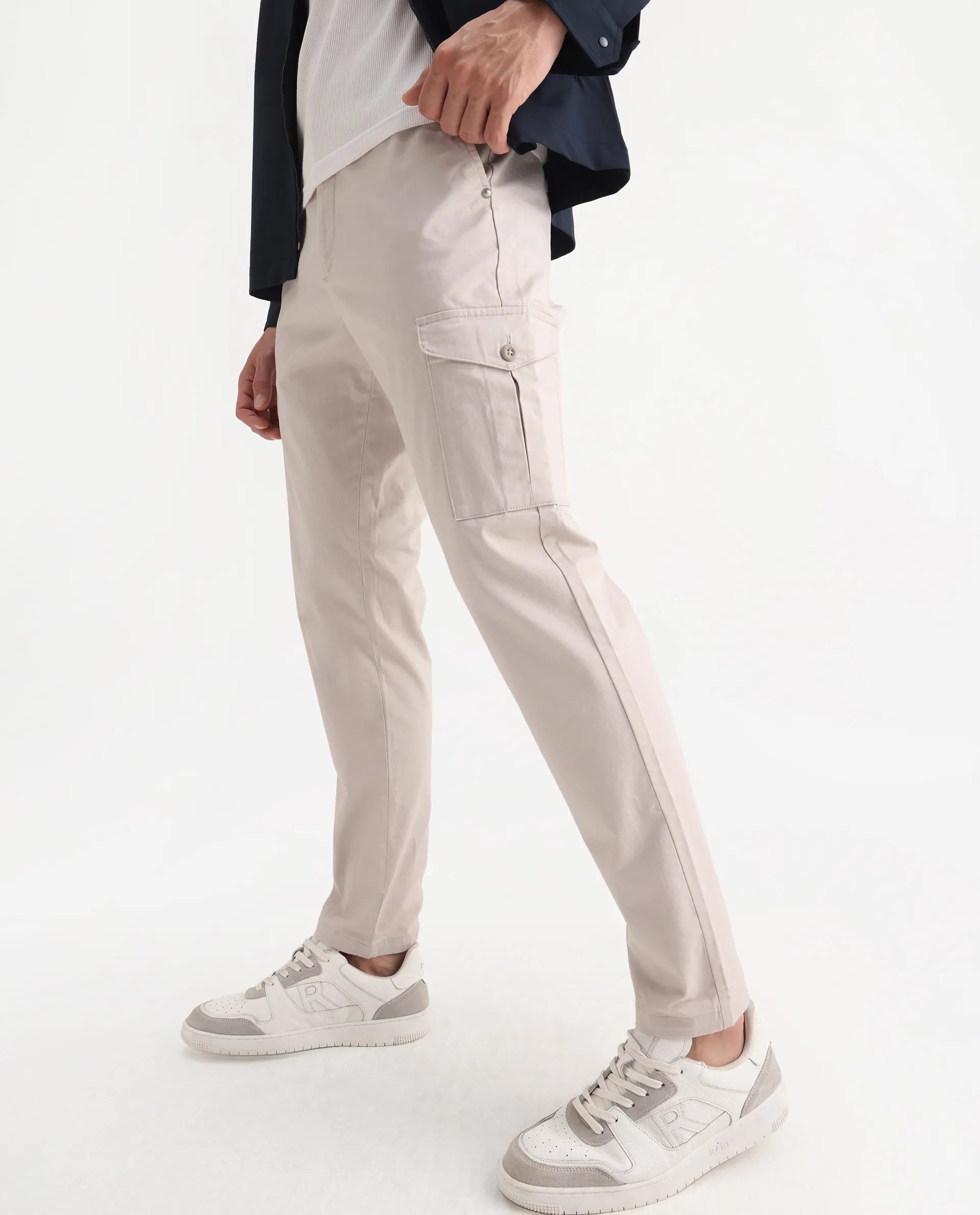 Rare Rabbit Men's Zipe Light Grey Cotton Plain Regular Fit Trouser