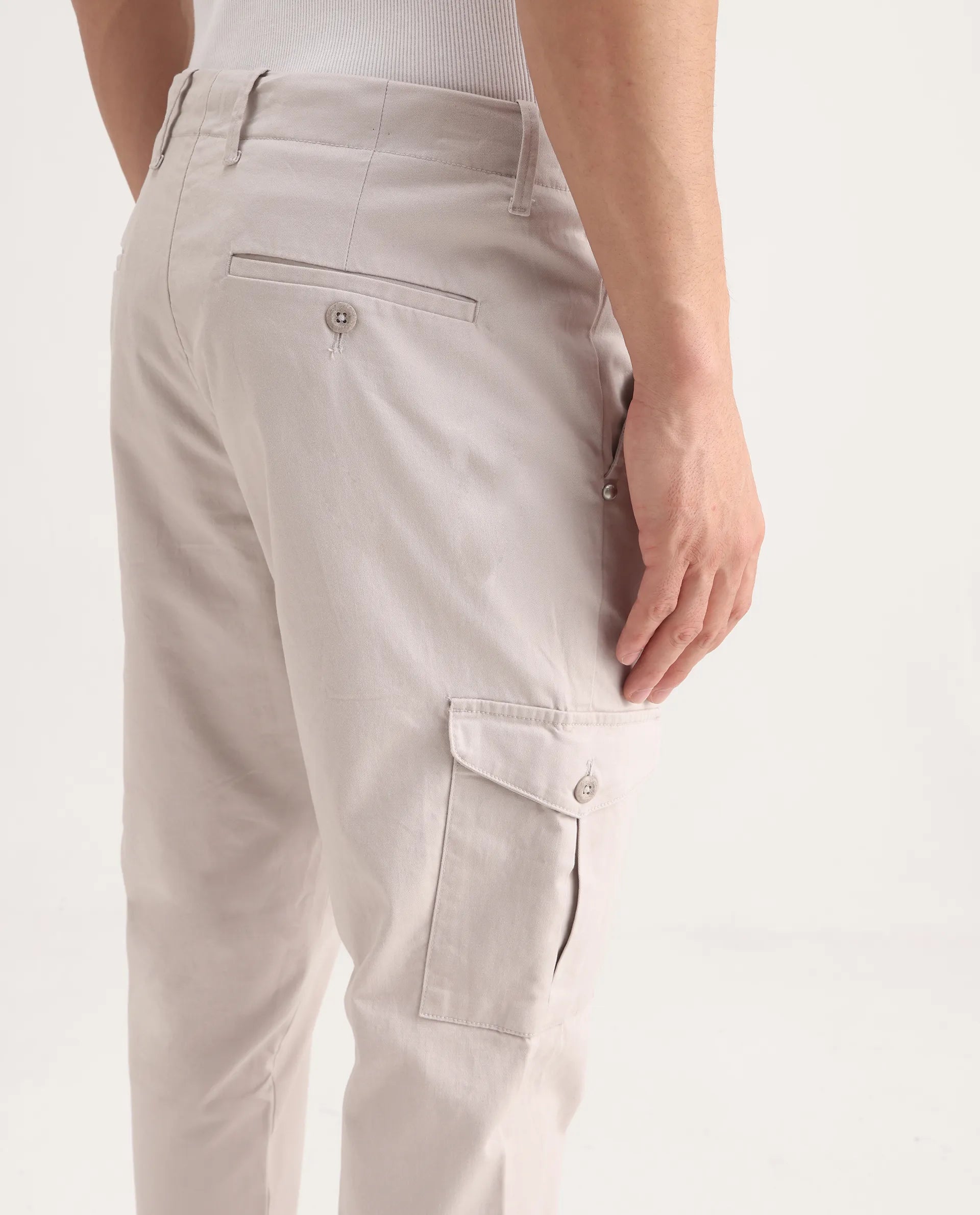 Rare Rabbit Men's Zipe Light Grey Cotton Plain Regular Fit Trouser