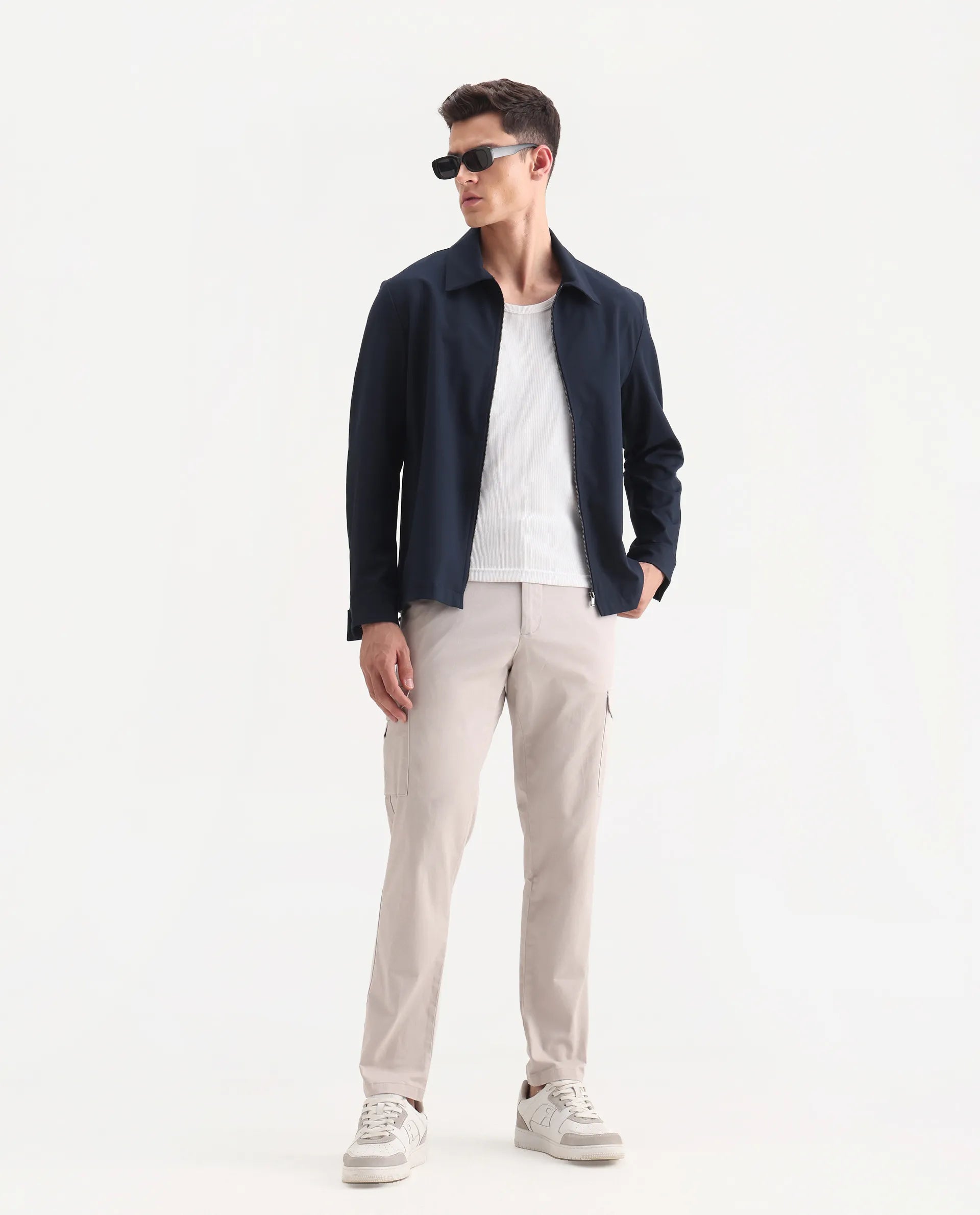 Rare Rabbit Men's Zipe Light Grey Cotton Plain Regular Fit Trouser