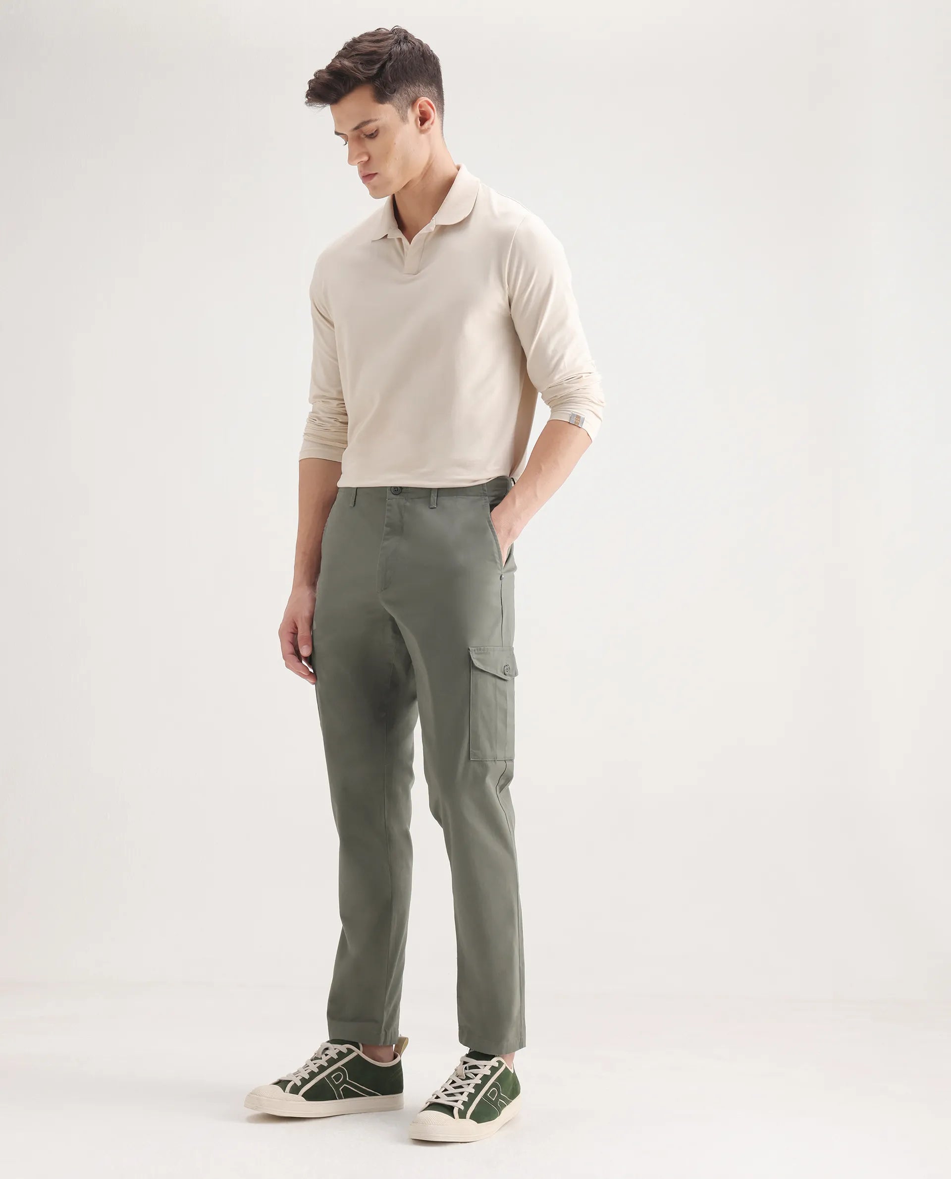 Rare Rabbit Men's Zipe Dusky Olive Cotton Plain Regular Fit Trouser