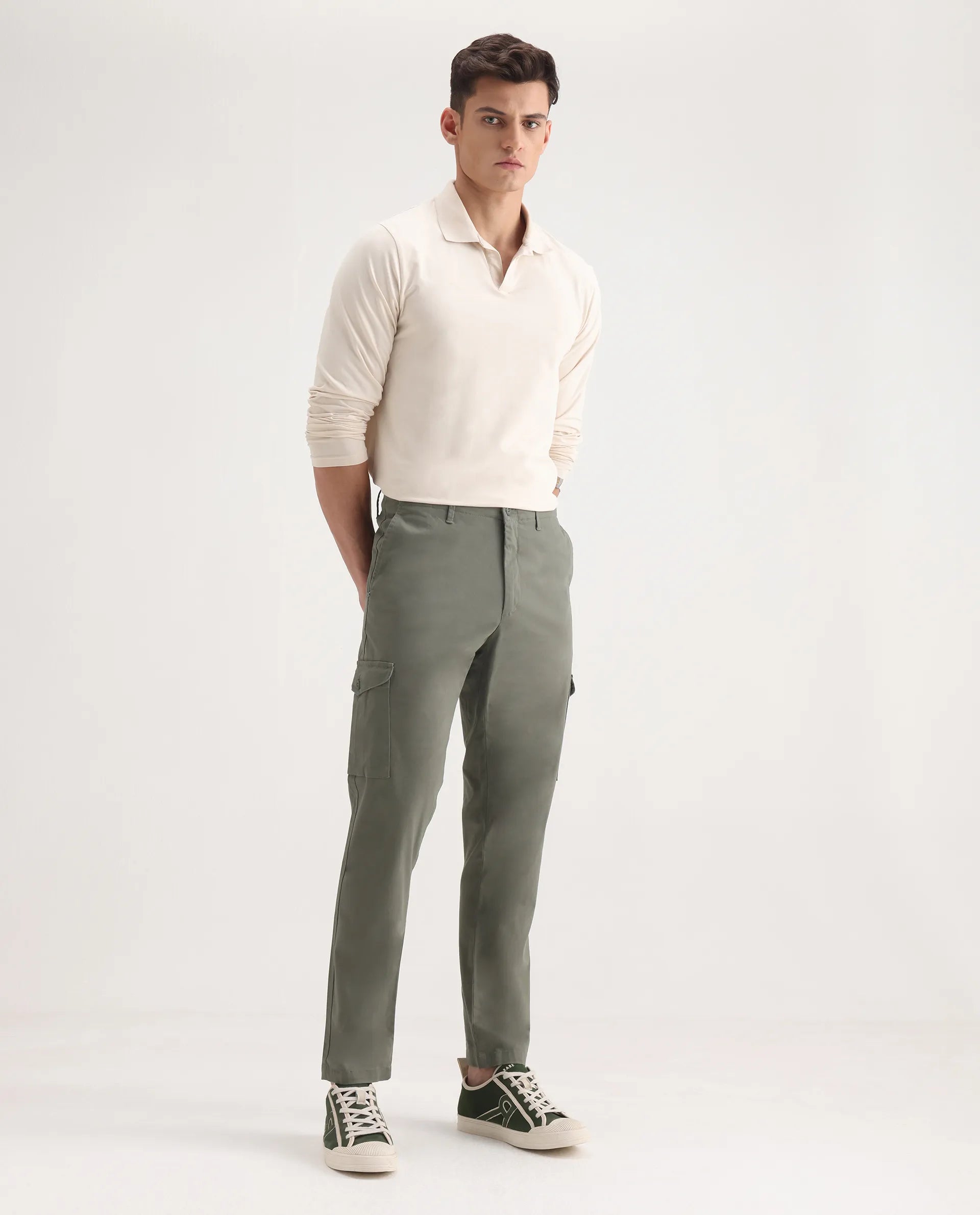 Rare Rabbit Men's Zipe Dusky Olive Cotton Plain Regular Fit Trouser