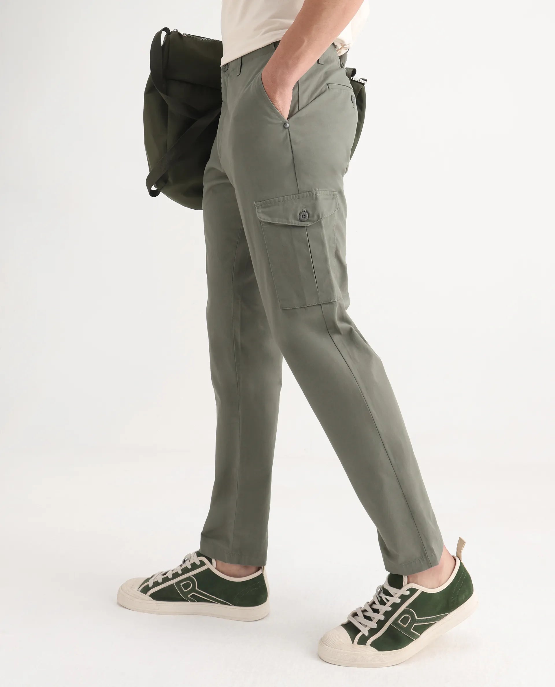 Rare Rabbit Men's Zipe Dusky Olive Cotton Plain Regular Fit Trouser