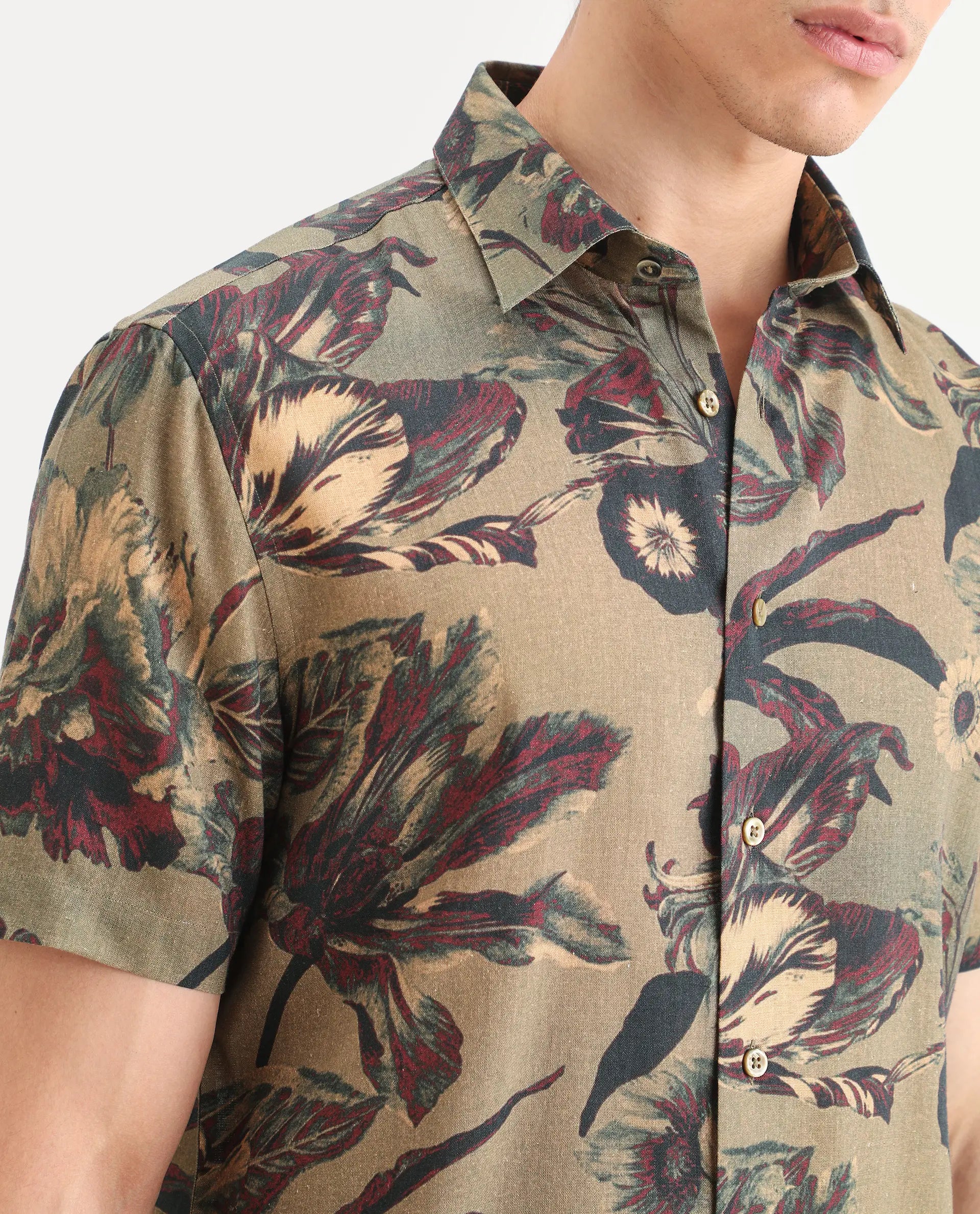 Rare Rabbit Men's Ziph Olive Linen Blend Fabric Half Sleeve Spread Collar Regular Fit Floral Print Shirt