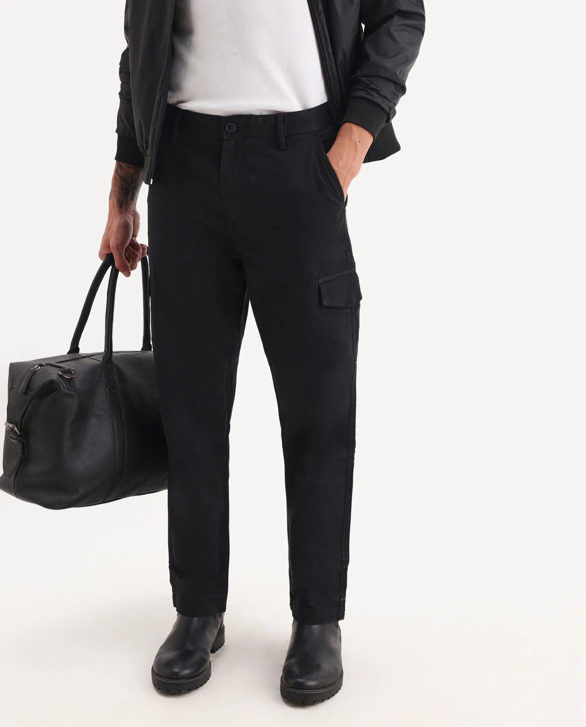 Rare Rabbit Men's Zipo Black Cotton Plain Regular Fit Trouser