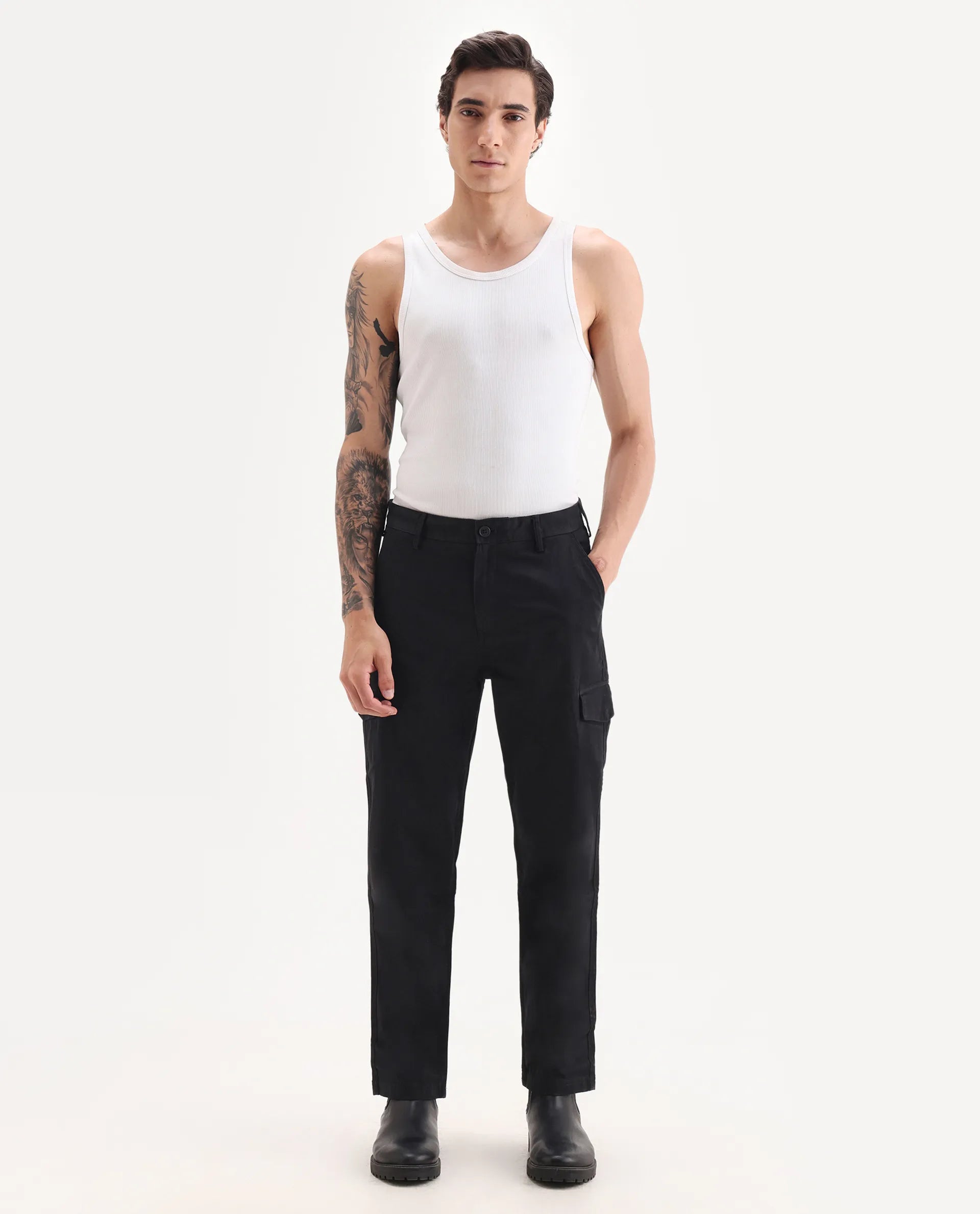 Rare Rabbit Men's Zipo Black Cotton Plain Regular Fit Trouser