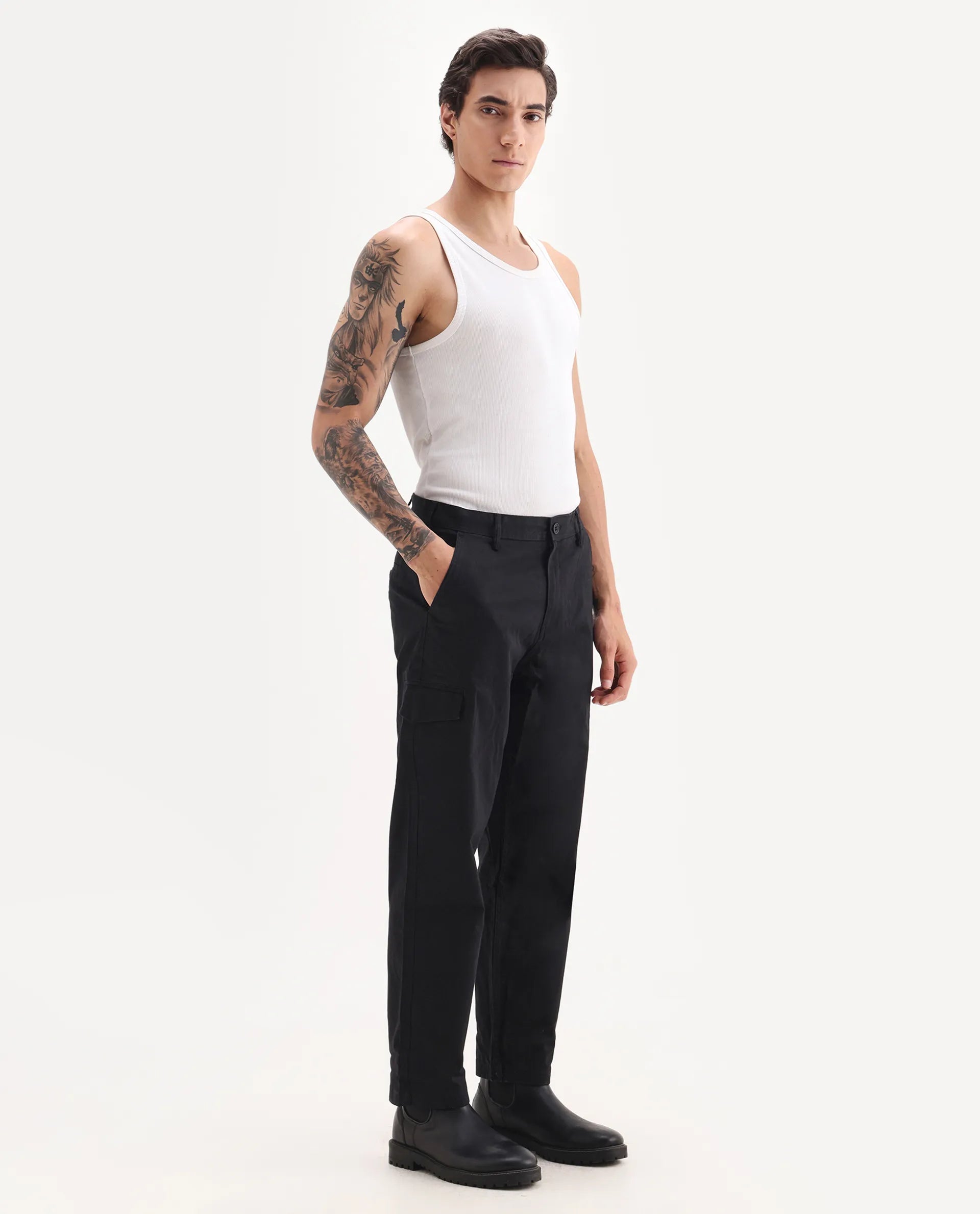 Rare Rabbit Men's Zipo Black Cotton Plain Regular Fit Trouser