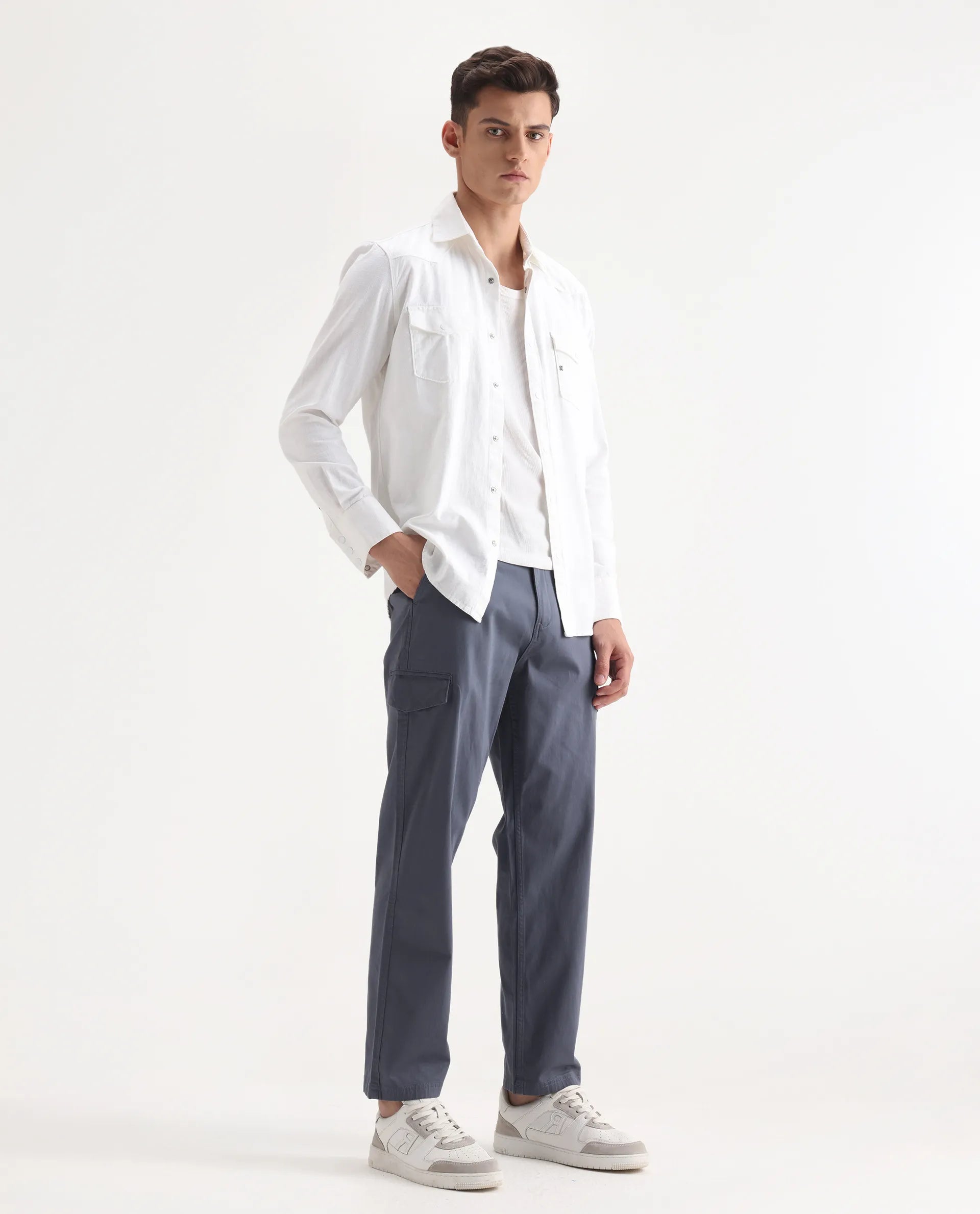 Rare Rabbit Men's Zipo Dusky Blue Cotton Plain Regular Fit Trouser