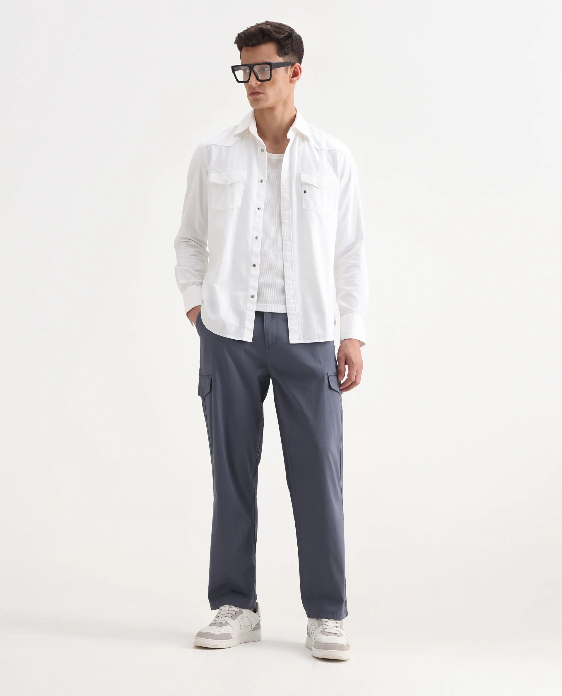 Rare Rabbit Men's Zipo Dusky Blue Cotton Plain Regular Fit Trouser